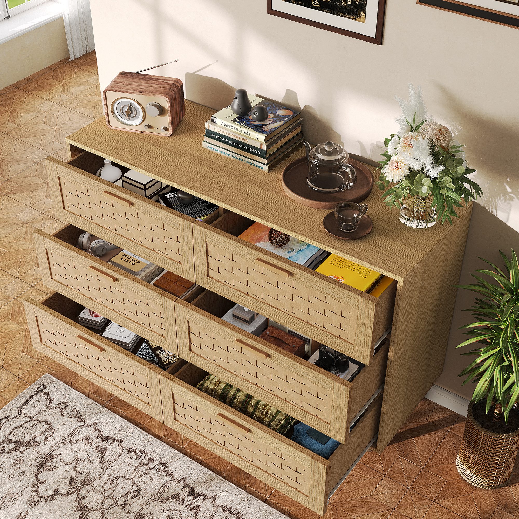 Simurq Kommode mit 6 Schubladen, Stauraumschrank für Wohnzimmer, Esszimmer, Flur (Schubkastenkommode,Sideboard Rattan geflecht,Massivholzbeine), 115 x 40 x 80 cm