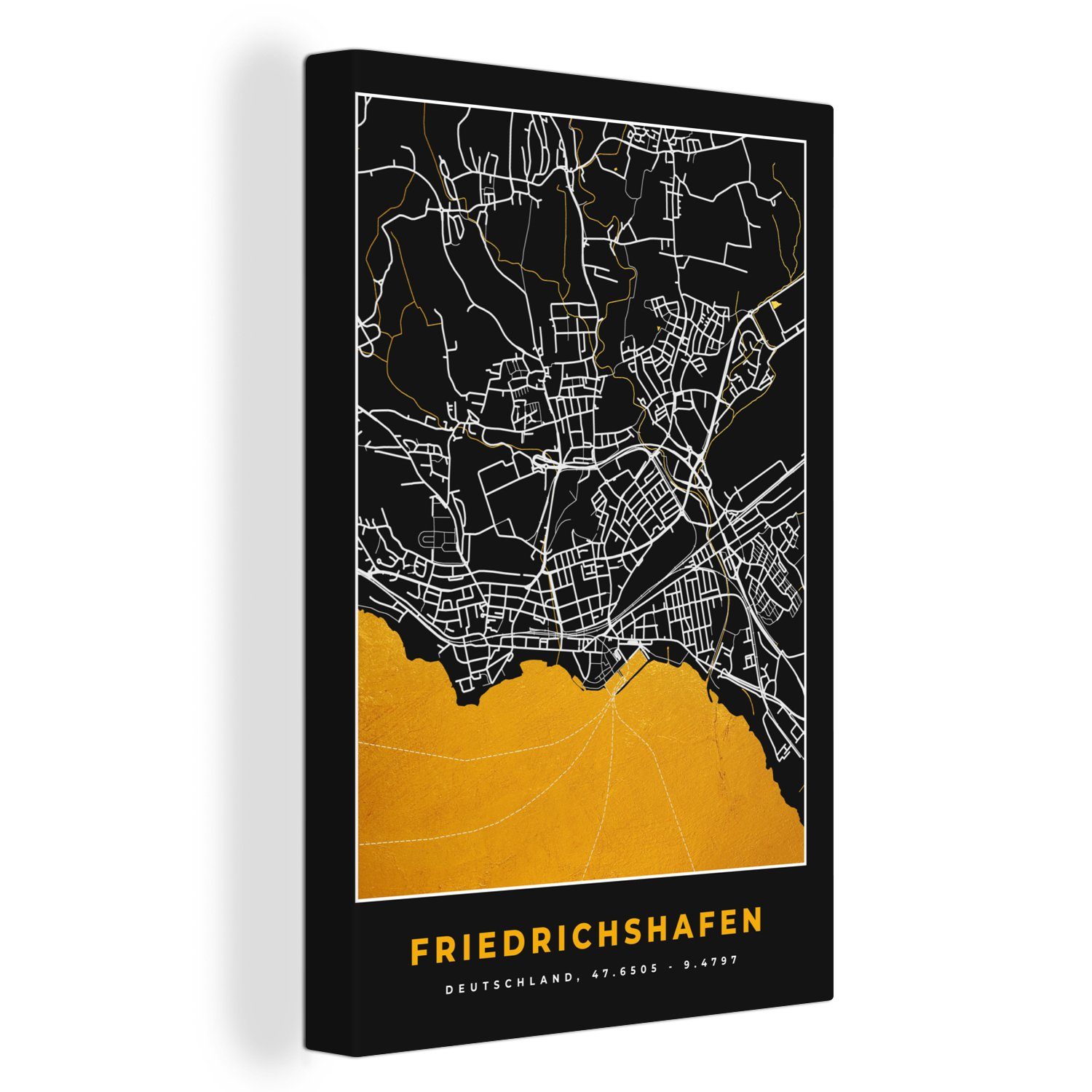 OneMillionCanvasses® Leinwandbild Stadtplan - Karte Deutschland Gold (1 - Friedrichshafen - cm St), Zackenaufhänger, Karte, - - fertig 20x30 Leinwandbild bespannt inkl. Gemälde