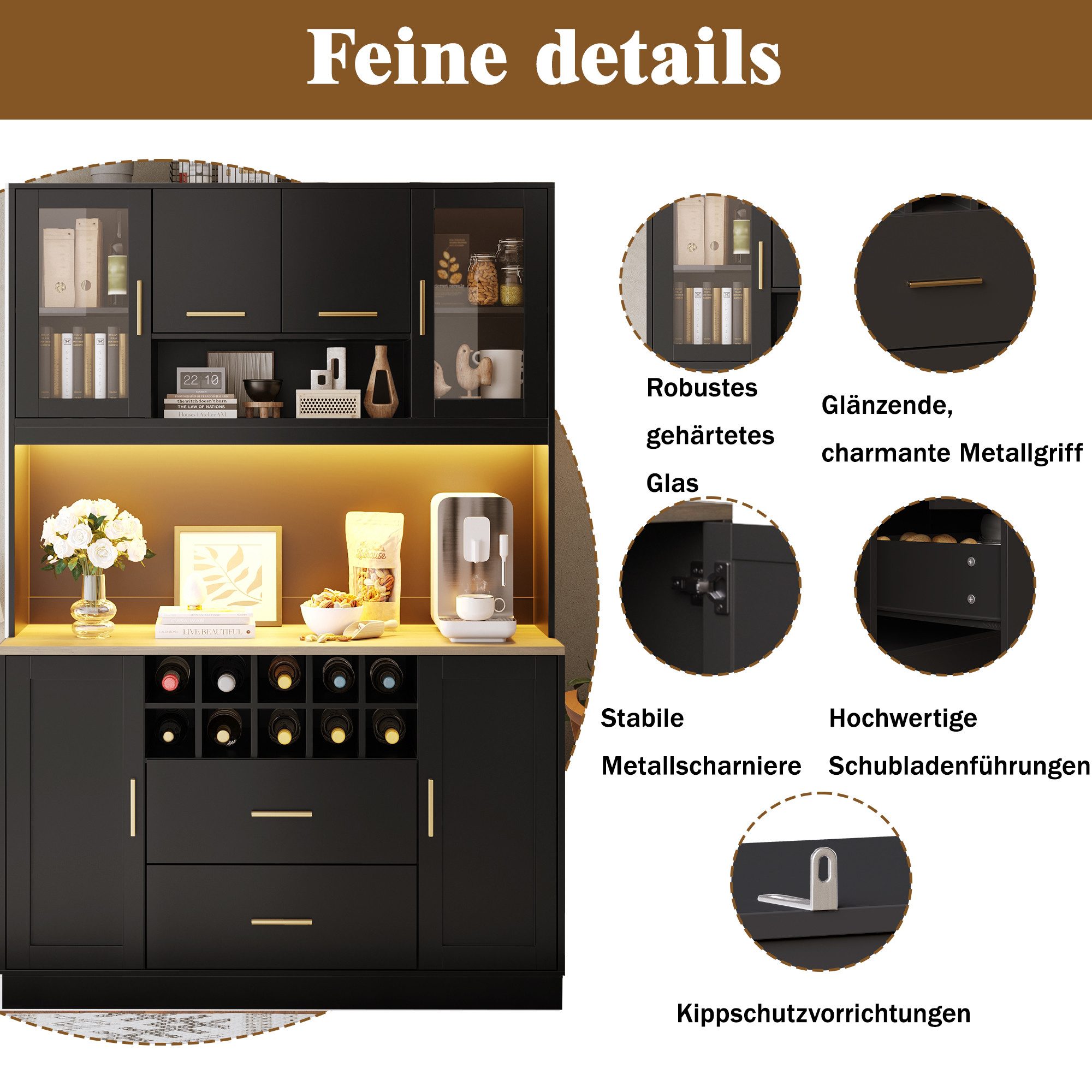 i@home Küchenbuffet Küchenhochschrank mit LED-Beleuchtung & Steckdose 6 Türen + 2 Schubladen + Weinregal, Schwarz – Bild 3 von 5