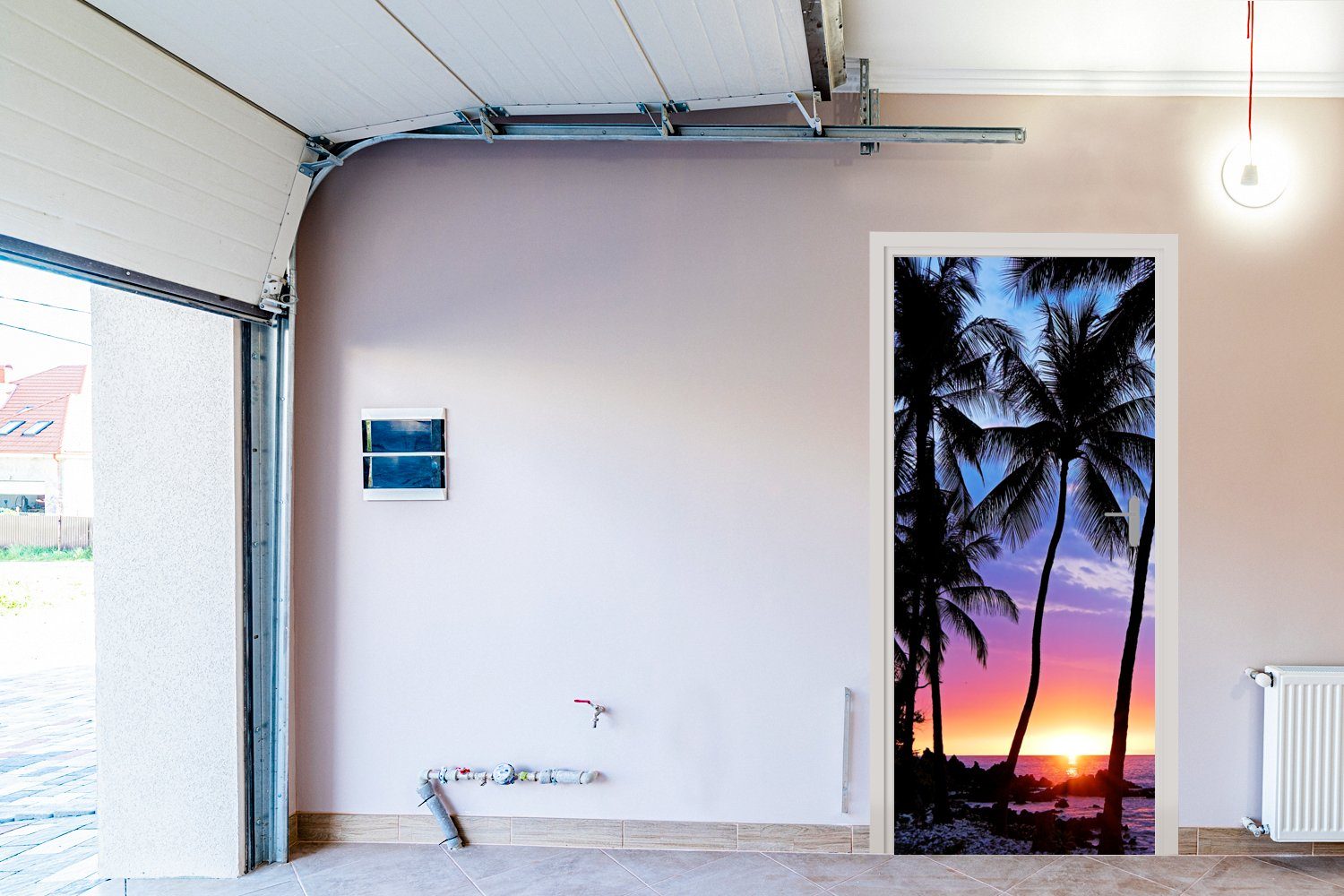 Sonnenuntergangs cm Tür, Hawaii, 75x205 auf bedruckt, Silhouette eines Fototapete für während Matt, St), Türtapete Palmen Eine Türaufkleber, von MuchoWow (1