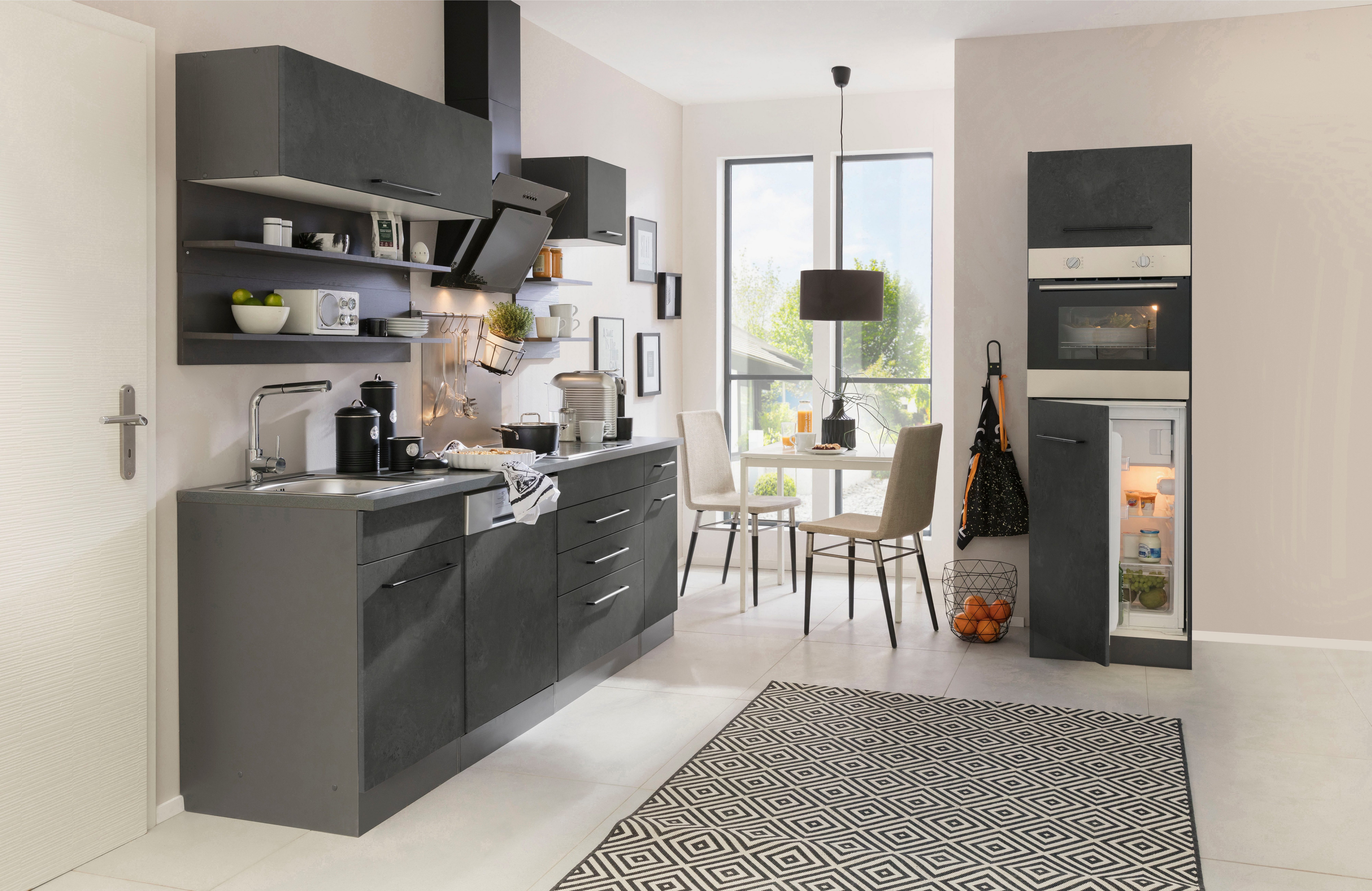 KOCHSTATION Küchenzeile KS-Tulsa, mit E-Geräten, Breite 290 cm, schwarze Metallgriffe, MDF Fronten