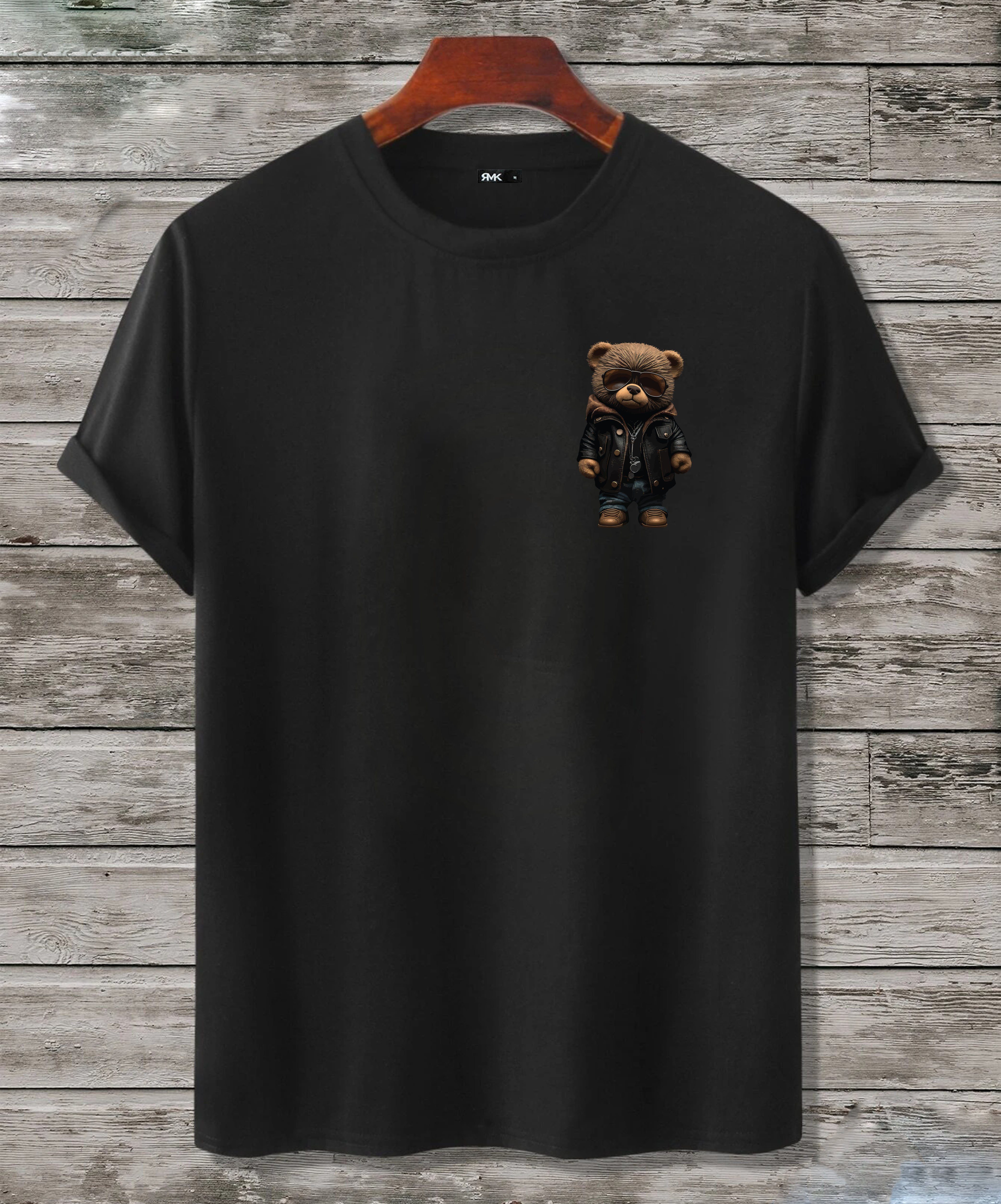 RMK T-Shirt Herren Shirt Baumwolle (klein) Rundhals Schwarz in mit (Teddybär Print, aus Druck Lederjacke) Basic lizenziertem Unifarbe, Sonnenbrille
