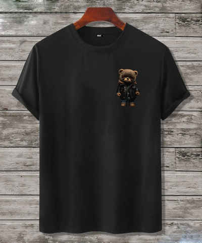 RMK T-Shirt Herren Shirt Rundhals Basic Druck (Teddybär Sonnenbrille Lederjacke) in Unifarbe, mit lizenziertem Print, aus Baumwolle