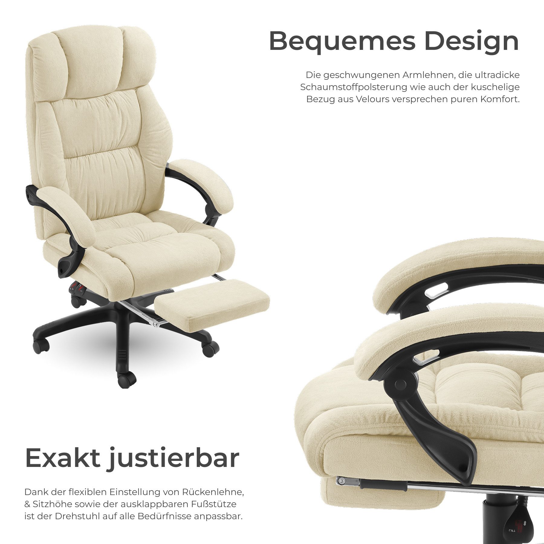 tectake Chefsessel Bürostuhl Jillien mit Fußstütze und Velours, Belastbarkeit 120 kg (Set, 1 St), Superdicke Polsterung mit weichem Velours