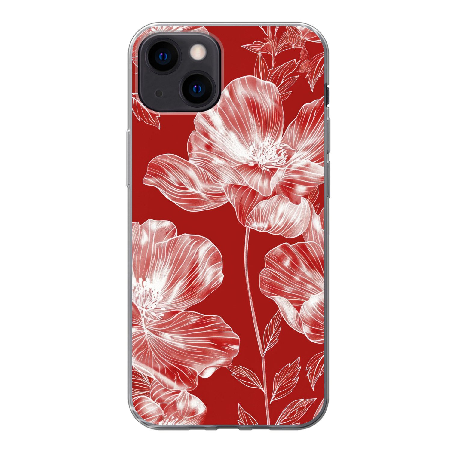 MuchoWow Handyhülle für Apple iPhone 13 Blumen - Muster - Rot - Weiß, Smartphone-Bumper, Print, Handy Schutzhülle Dünn