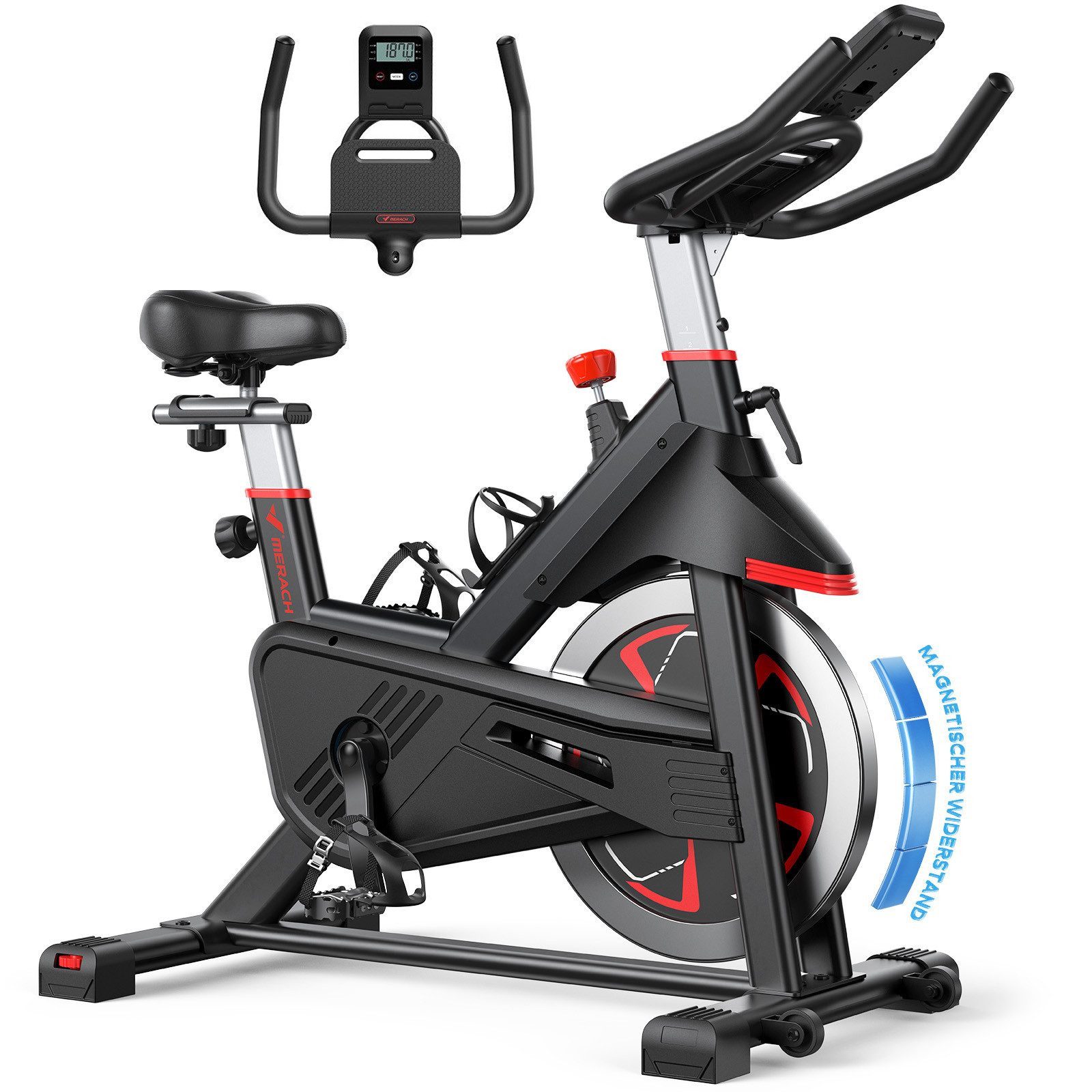 MERACH Heimtrainer 2025 neu Heimtrainer Fahrrad mit magnetischem Widerstand mit APP (Schweres Schwungrad, 0-100% Magnetischer Widerstand, LCD-Monitor, Tablet-Halter, bis 136KG, Zwift und Kinomap kompatibel, verstellbar), leise, ergonomischer Sitz, Stationäres Fahrrad für Zuhause