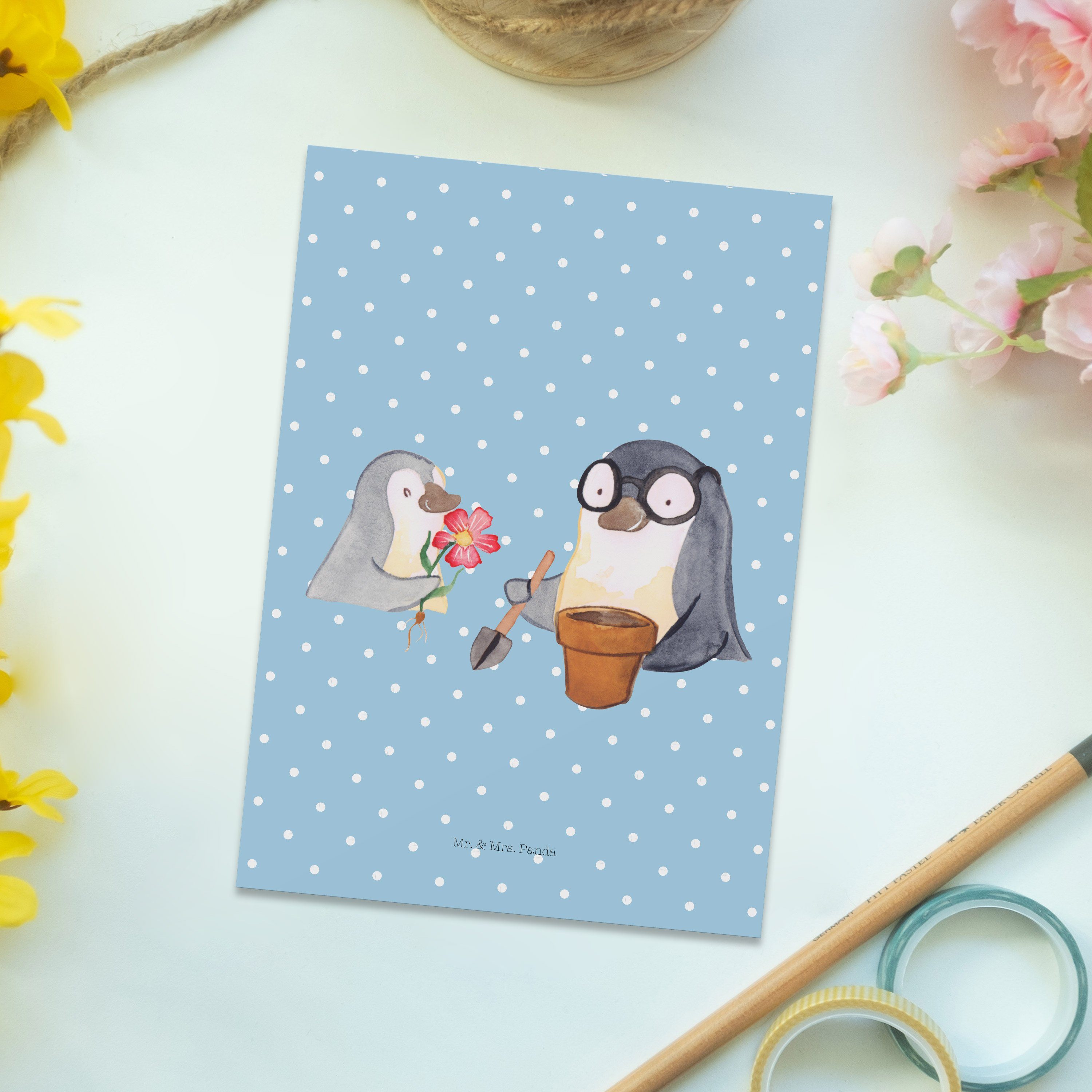 Pastell Geschenk, Mr. - - Panda pflanzen Karte, Opa Postkarte Pinguin Blumen Blau Mrs. & Lieblin