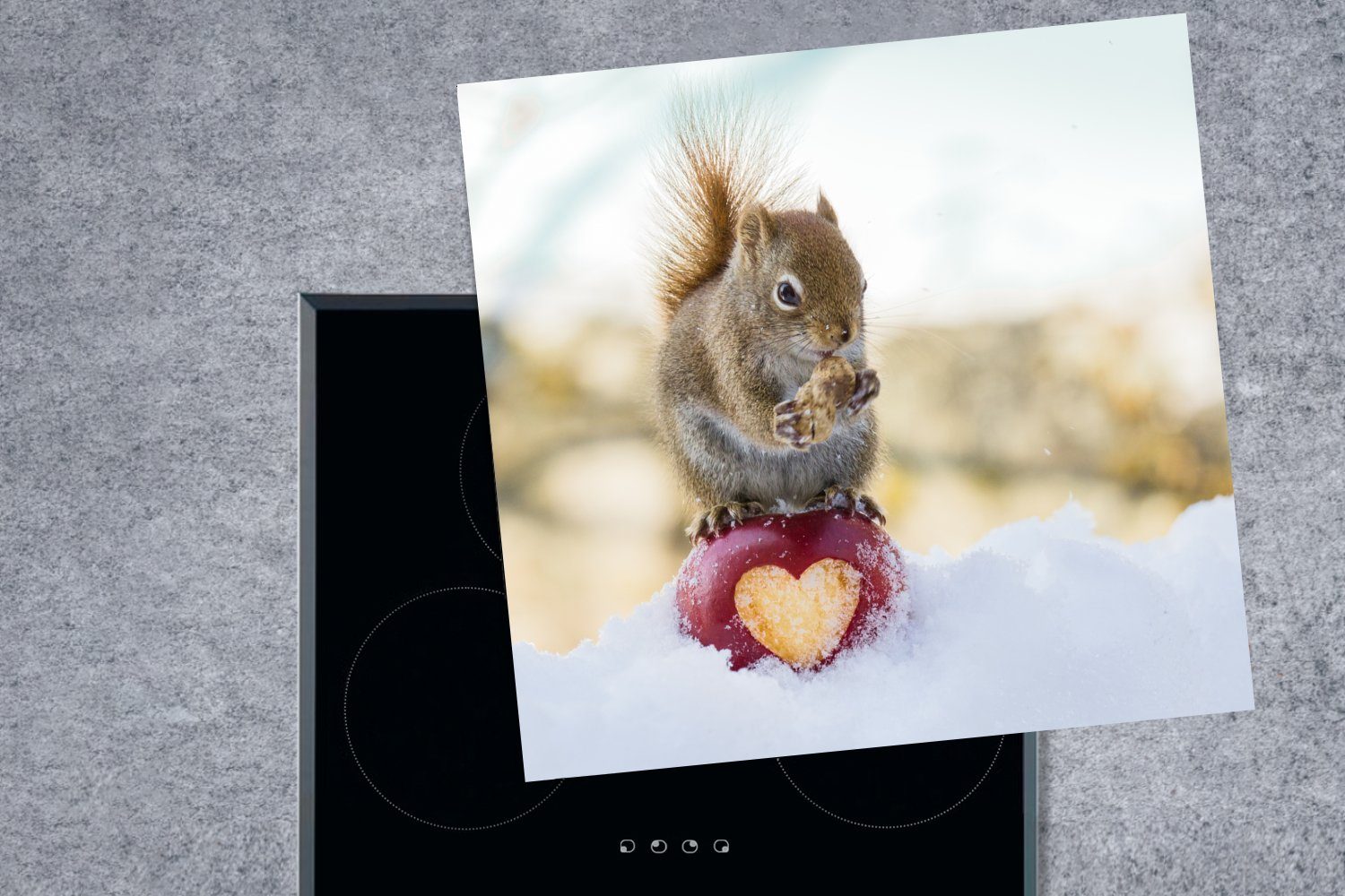 MuchoWow Apfel für fehlendem cm, küche auf Herz, tlg), Ceranfeldabdeckung, Vinyl, mit Arbeitsplatte (1 Herdblende-/Abdeckplatte 78x78 Eichhörnchen