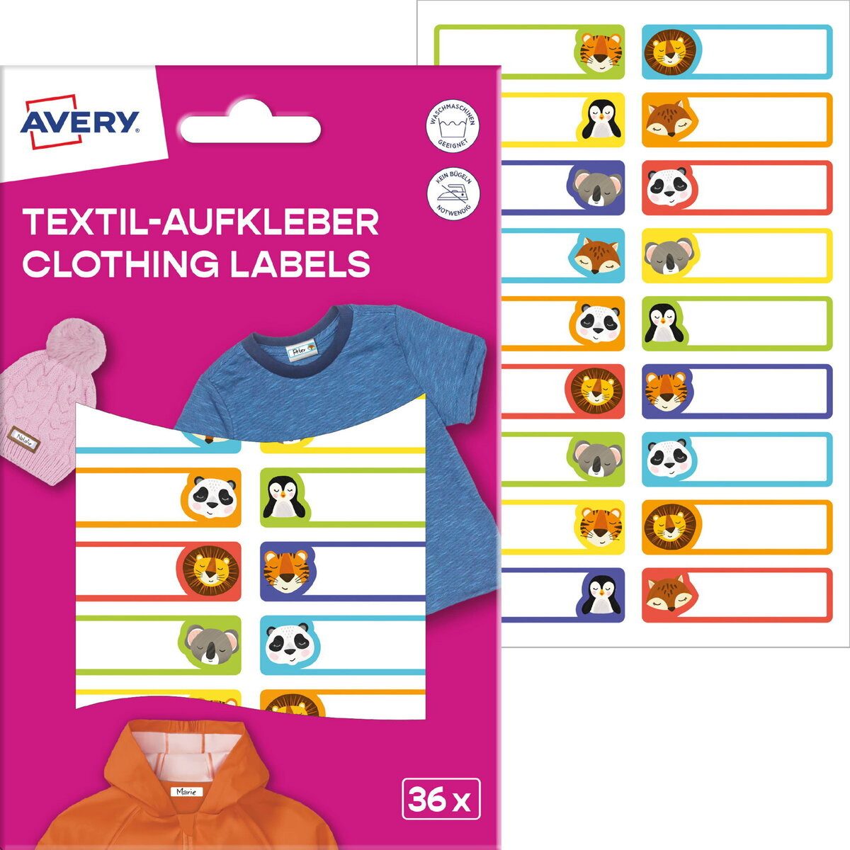 Avery Zweckform Etiketten Textilaufkleber 45x13mm 36 Stück Motiv Tiere