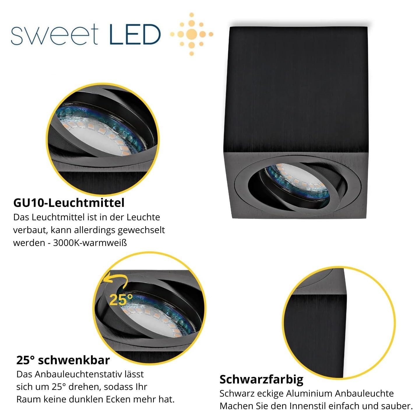 Sweet LED LED Aufbaustrahler Eckig GU10 5W 430lm Aluminium schwenkbar 230V, schwenkbar, LED wechselbar, Warmweiß, GU10 LED Deckenspots