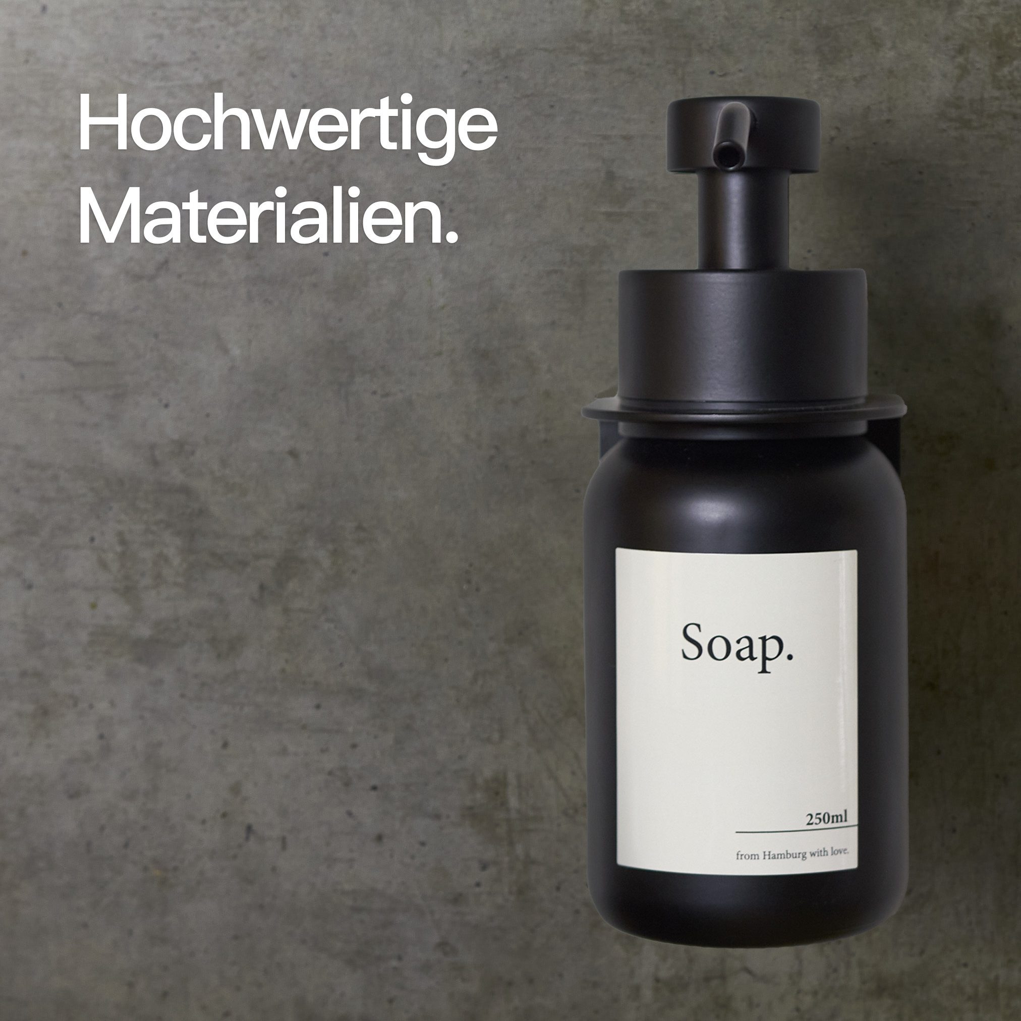 Designfabrik Hamburg Seifenspender Wandmontage ohne Bohren 250 ml, Pumpspender für Flüssigseife, (1-tlg), Glas & Edelstahl, inkl. Markenklebeband für besonders  – Bild 4 von 5