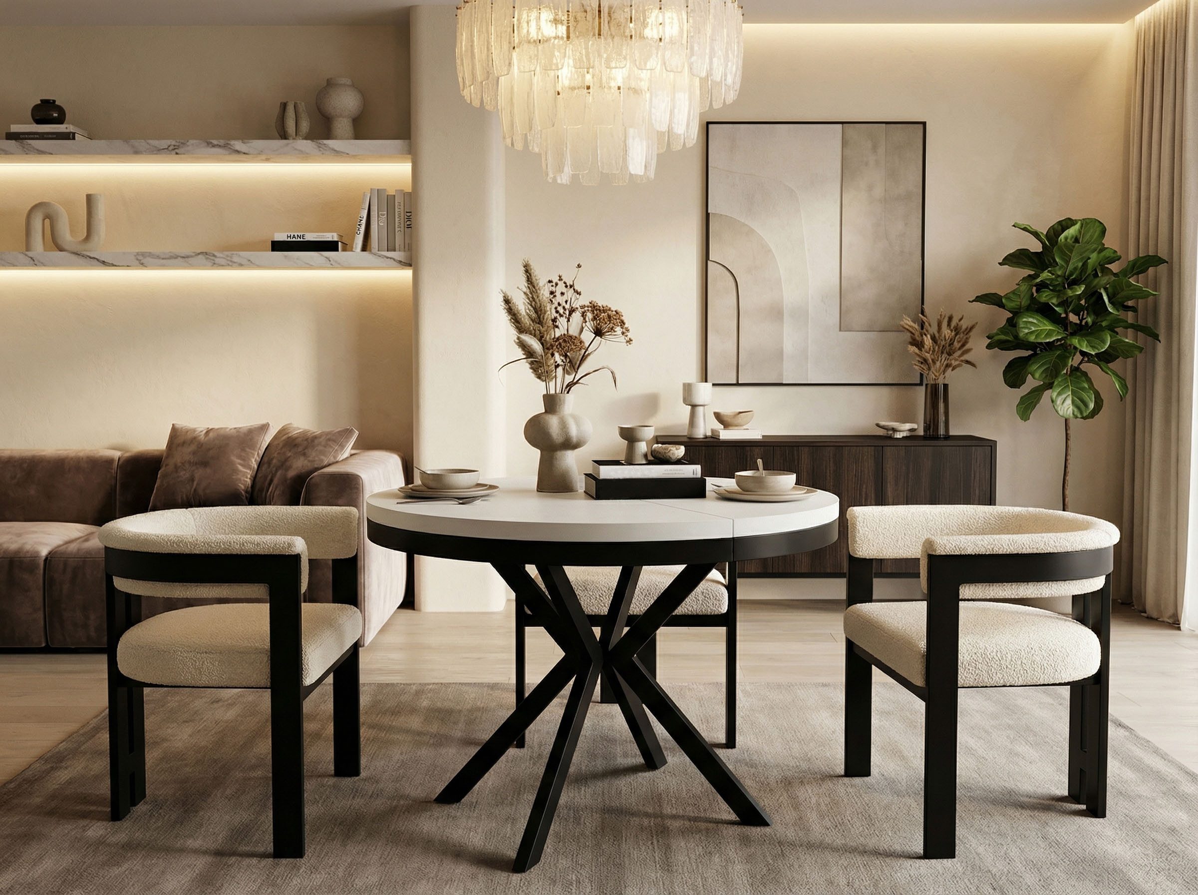 WFL GROUP Esstisch Ross ausziehbar rund industrial mit schwarzen Metallbeinen (MADE IN EU, erhältlich in 3 Größen – 90/100/120 cm ausziehbar auf 170/180/200 cm), platzsparender Tisch in Holzoptik für Küche, Esszimmer oder Wohnzimmer