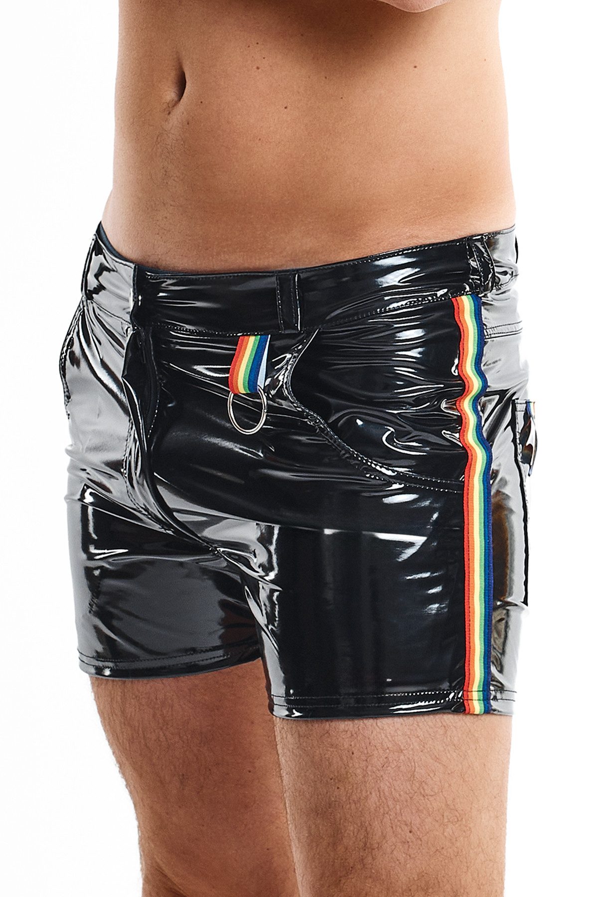 Regnes Fetish Planet Lederimitathose Herren Shorts schwarz mit Regenbogen LGBTQ kurze Hose Männer glänzend