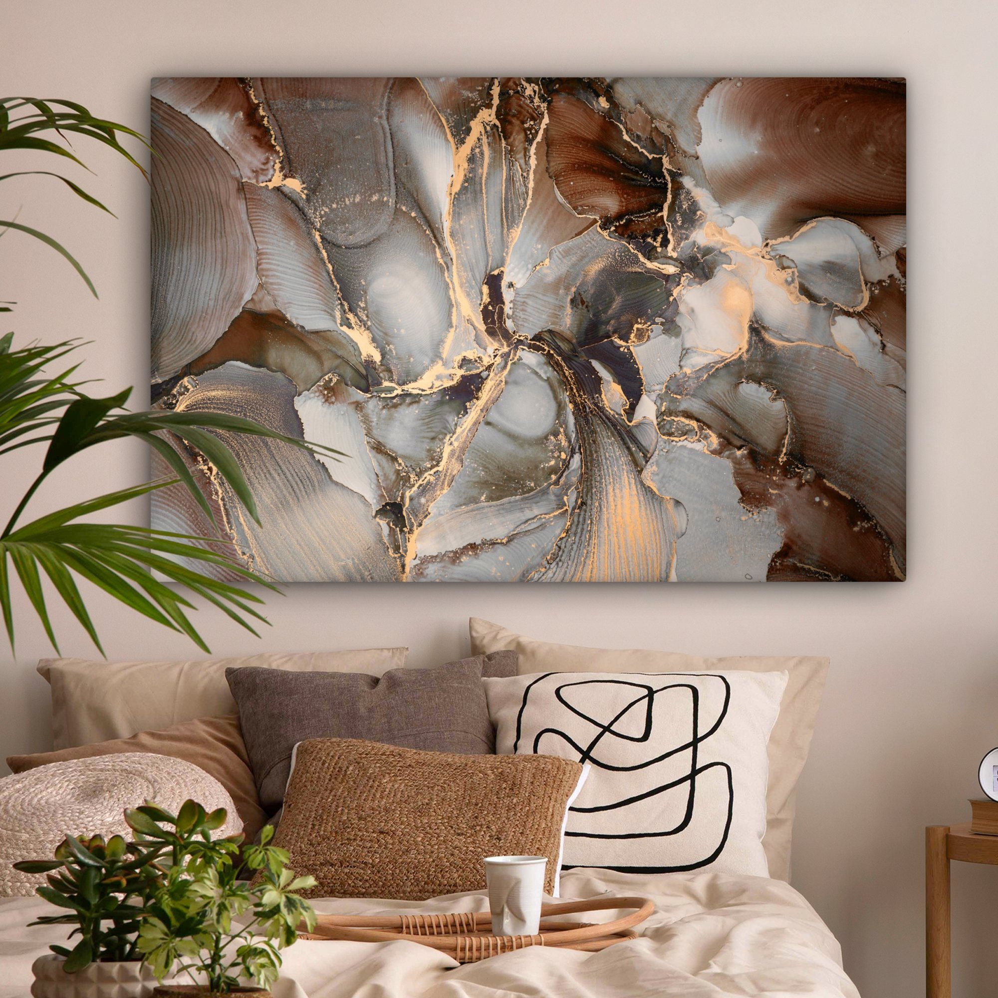 OneMillionCanvasses® Leinwandbild Grau - Gold - Marmor - Marmoroptik, Fotodruck (1 St), Wandbild XXL für Wohnzimmer Küche 120x80 cm