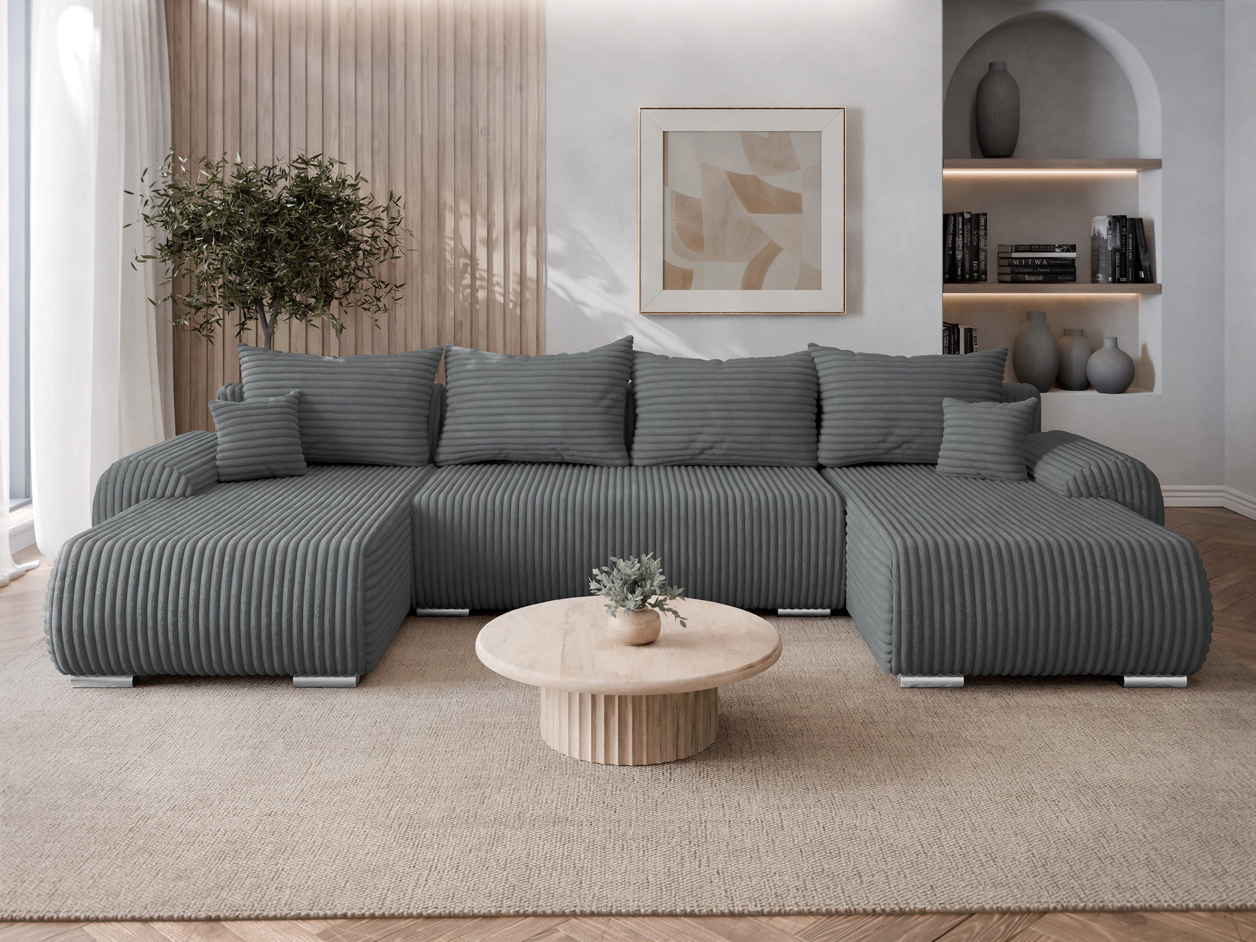 MIRJAN24 Wohnlandschaft Ubo U Cord, mit Bettkasten und Schlaffunktion, U-Form, 366x187x81 cm, Kissen-Set