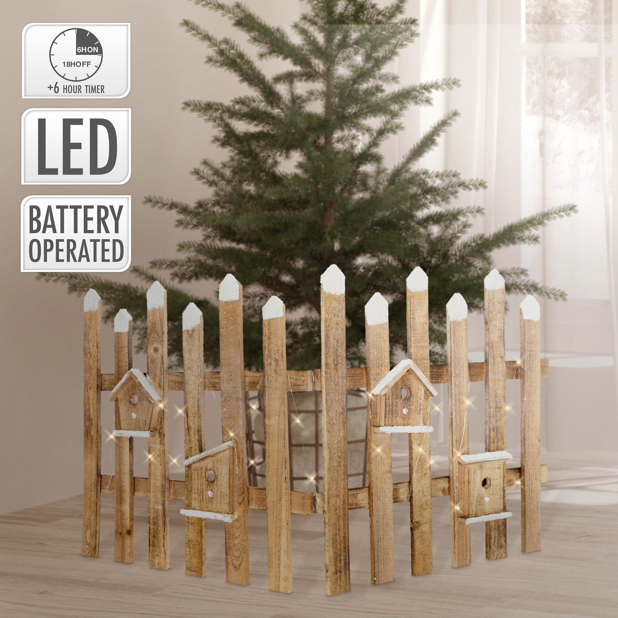 ECD Germany Weihnachtsfigur Deko Holz Zaun mit LED, 98 x 57 cm, mit Timer  (kein Set, kein Set), Mit Timer