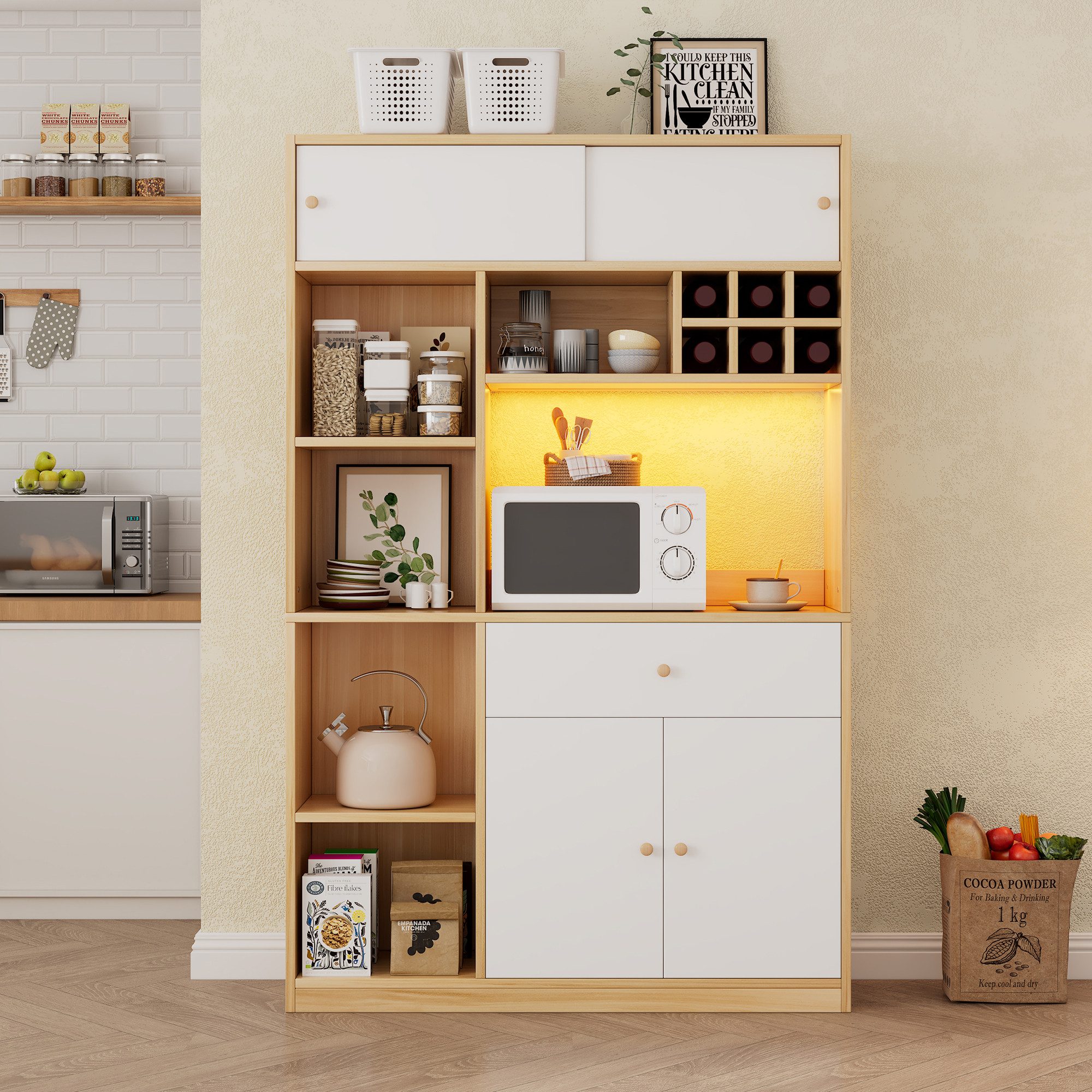 Celya Hochschrank Küchenschrank, Küchenbuffet mit Einstellbare LED-Beleuchtung (mit 1 Schublade, Offene Regale und großer Platz für Mikrowelle) Ideal für Esszimmer, Wohnzimmer und Küche