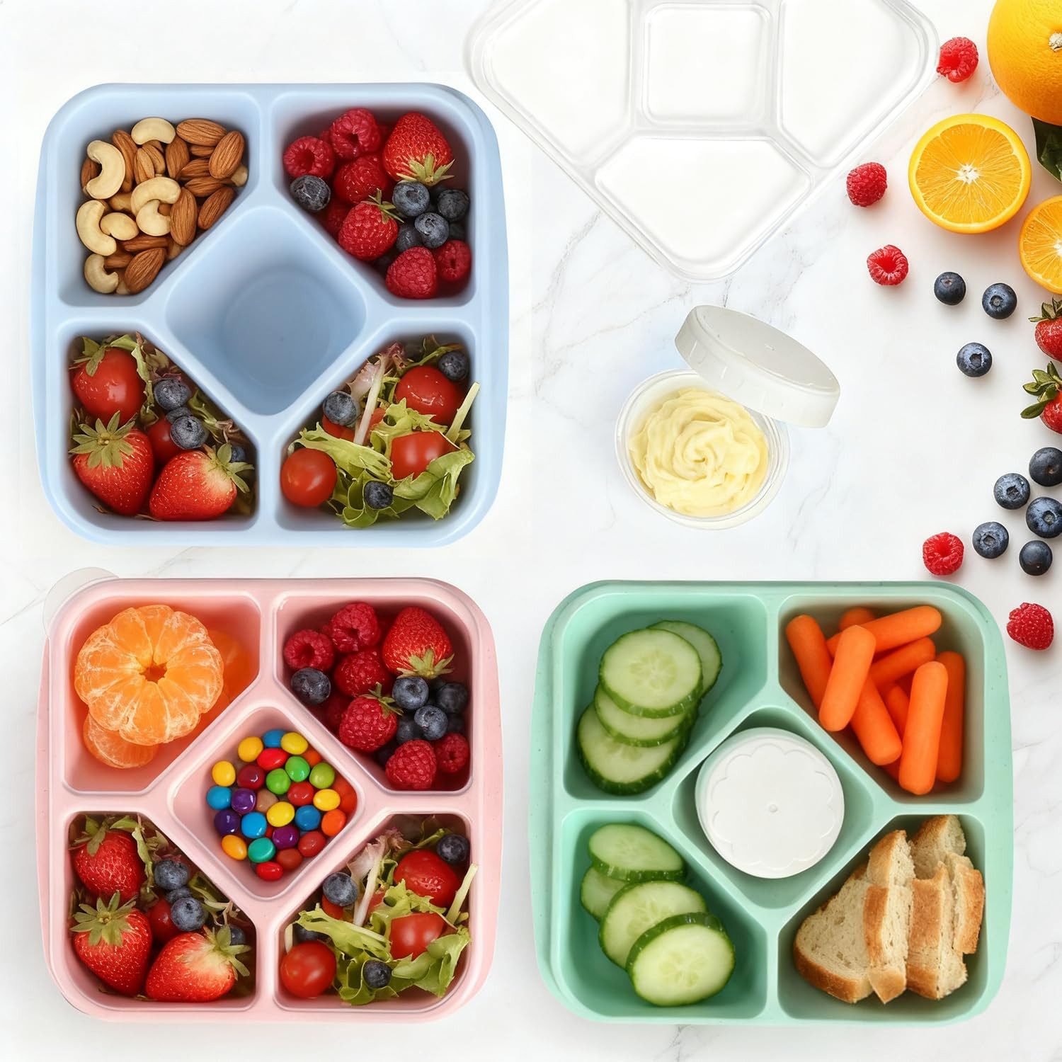Agger Lunchbox 4er Set Snackboxen mit 5 Fächern – Auslaufsichere Bento Lunchboxen, (4-tlg), mit transparentem Deckel, für Erwachsene & Kinder