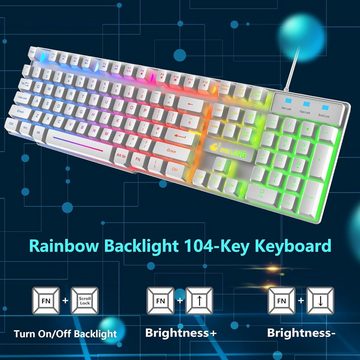 CROSS ZEBRA 104 Tasten Rainbow Backlit UK Layout Tastatur- und Maus-Set, 2400DPI Maus 7.1 Surround Sound RGB Leichte Waben Headset Mauspad