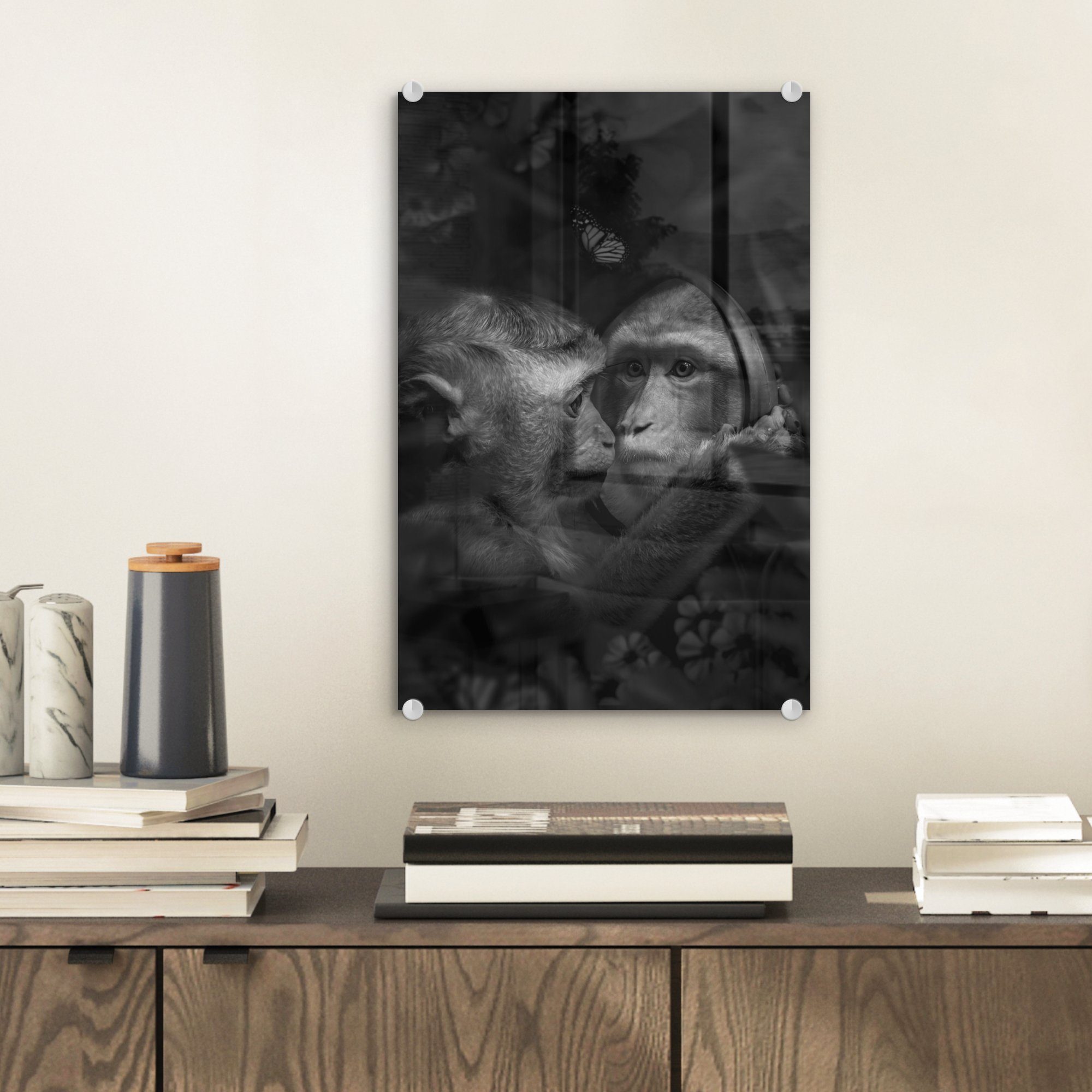 MuchoWow Acrylglasbild Affe schwarz - - Wanddekoration und - auf Bilder weiß, bunt Glas Wandbild Spiegel Glas St), Glasbilder (1 auf mit im - Dschungel Foto