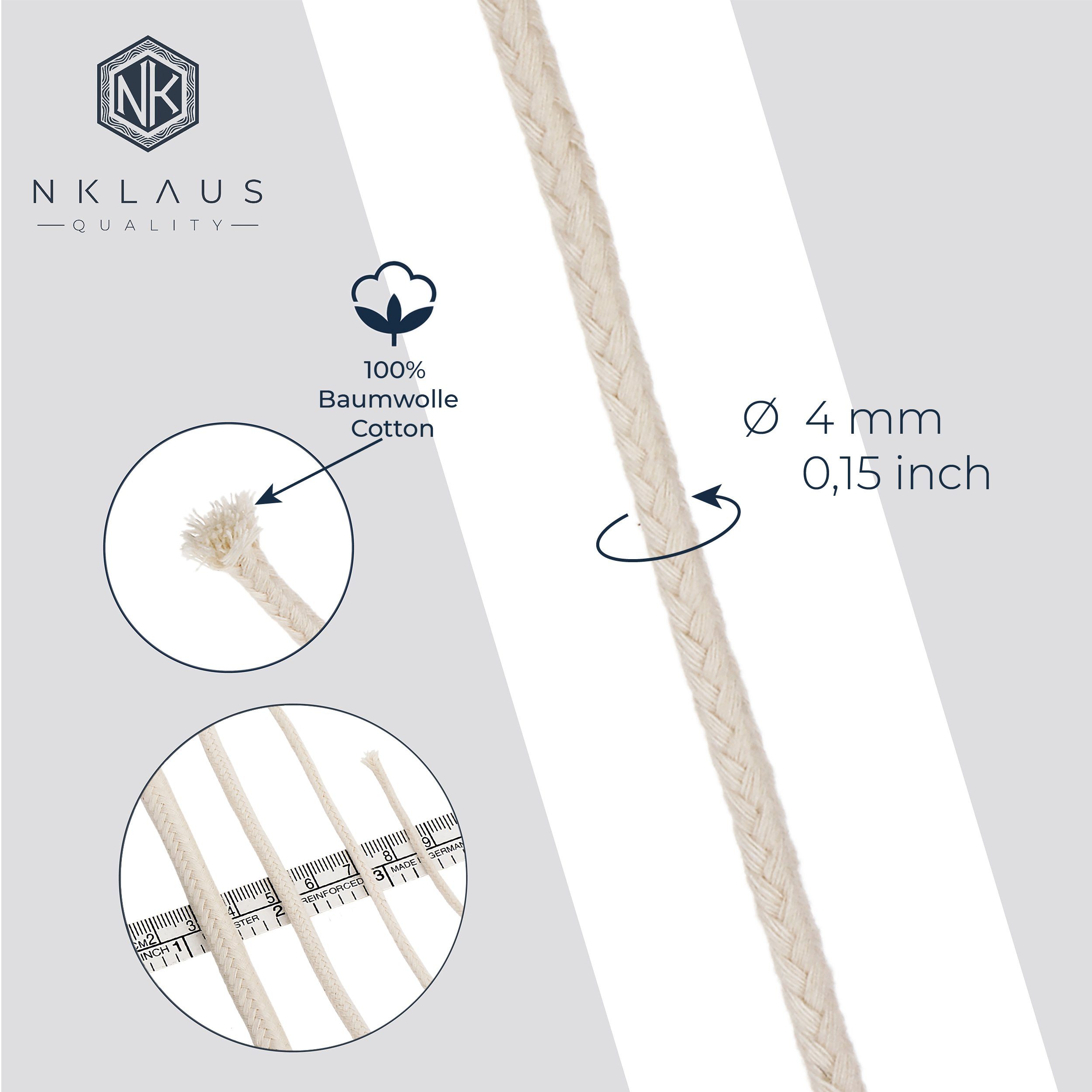 NKlaus Windlicht 3 meter Runddocht Baumwolle reine 4,0mm 100% dünn