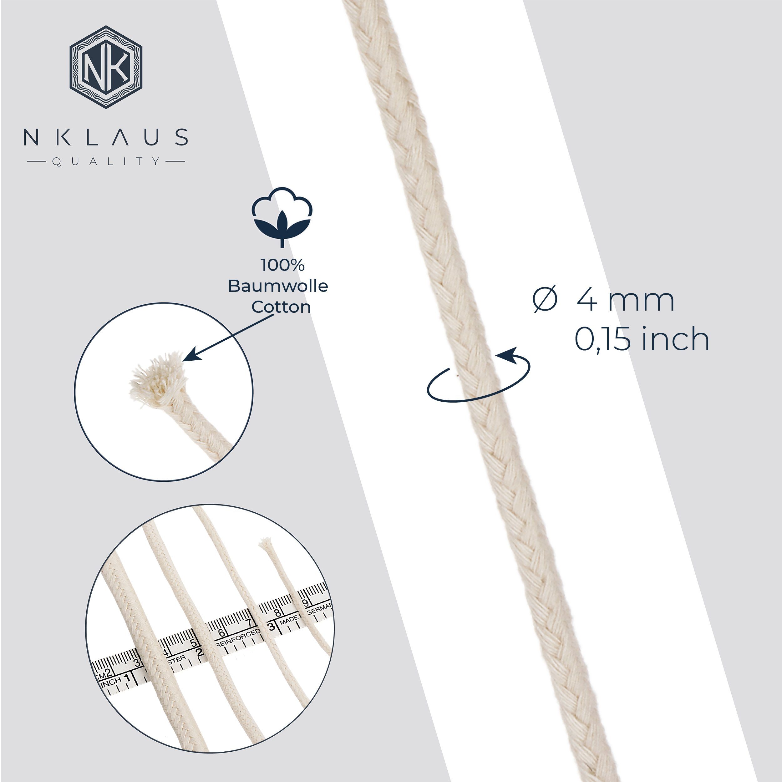 dünn 100% Baumwolle 4,0mm Runddocht meter reine 3 Windlicht NKlaus