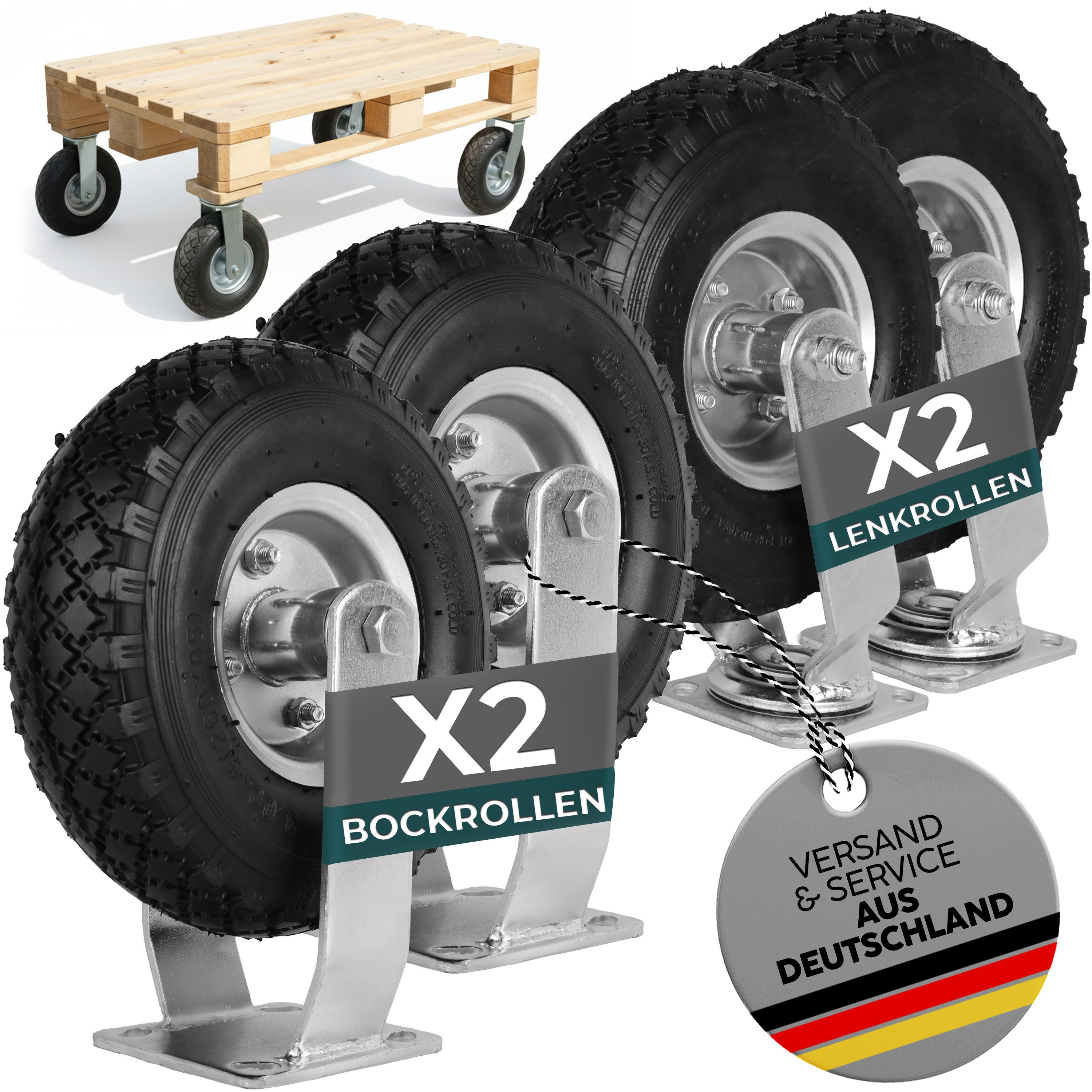 Frosal Lenkrolle 2 x FROSAL Bockrolle + 2 x Lenkrolle Set Ø 260 x 85 mm 4-tlg. Luftrad, (1-St)