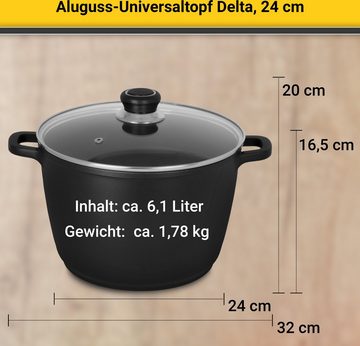 Krüger Kochtopf Aluguss Universaltopf mit Glasdeckel DELTA, 24 cm, Aluminiumguss (1-tlg), für Induktions-Kochfelder geeignet