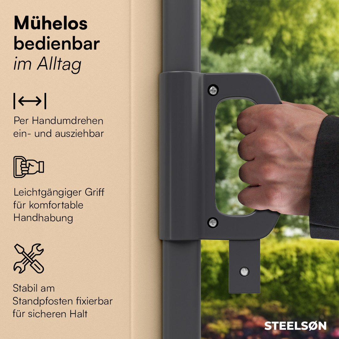 STEELSØN Seitenmarkise Zirella mit individuell einstellbarer Länge (beige, 160x485 cm) Windschutz mit Griff, Sichtschutz ausziehbar, für Garten/Terrasse – Bild 5 von 5