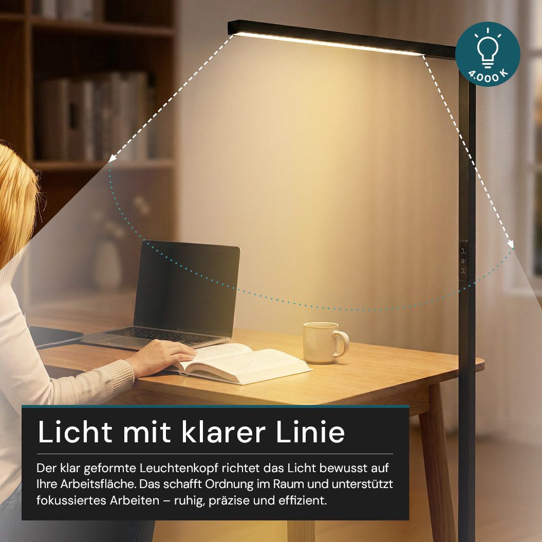 LUXULA LED Stehlampe schlanke Bürostehleuchte, LED fest integriert, Tageslichtweiß, einarmig, CRI98, UGR<16, augenschonendes Licht, Touch-Bedienung