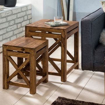 möbelando Satztisch 2er Set Beistelltisch PALI Massiv-Holz Sheesham, 2er Set Beistelltisch PALI Massiv-Holz Sheesham Wohnzimmer-Tisch Design dunkel-braun Landhaus-Stil Couchtisch