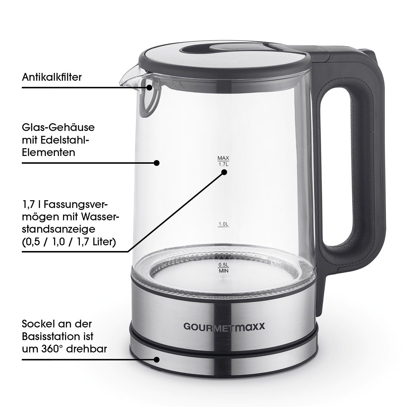 GOURMETmaxx l, 2200,00 Antikalkfilter, Abschalter 1.7 Glas automatischer LED-Beleuchtung W, Wasserkocher 1,7L