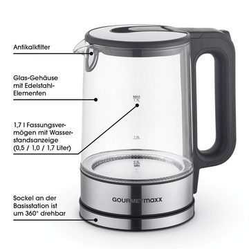 GOURMETmaxx Wasserkocher Glas LED-Beleuchtung 1,7L Antikalkfilter, 1.7 l, 2200,00 W, automatischer Abschalter