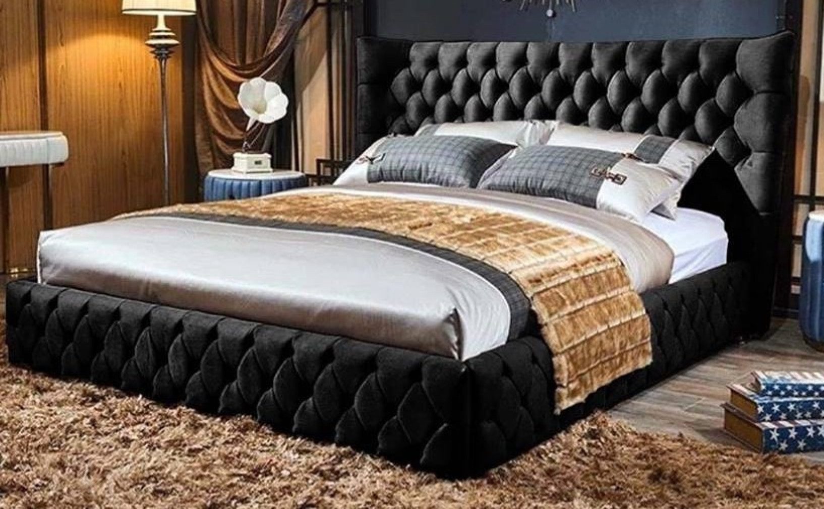 Bett Chesterfield Schlafzimmer Doppelbett Stoff Luxus Design Möbel