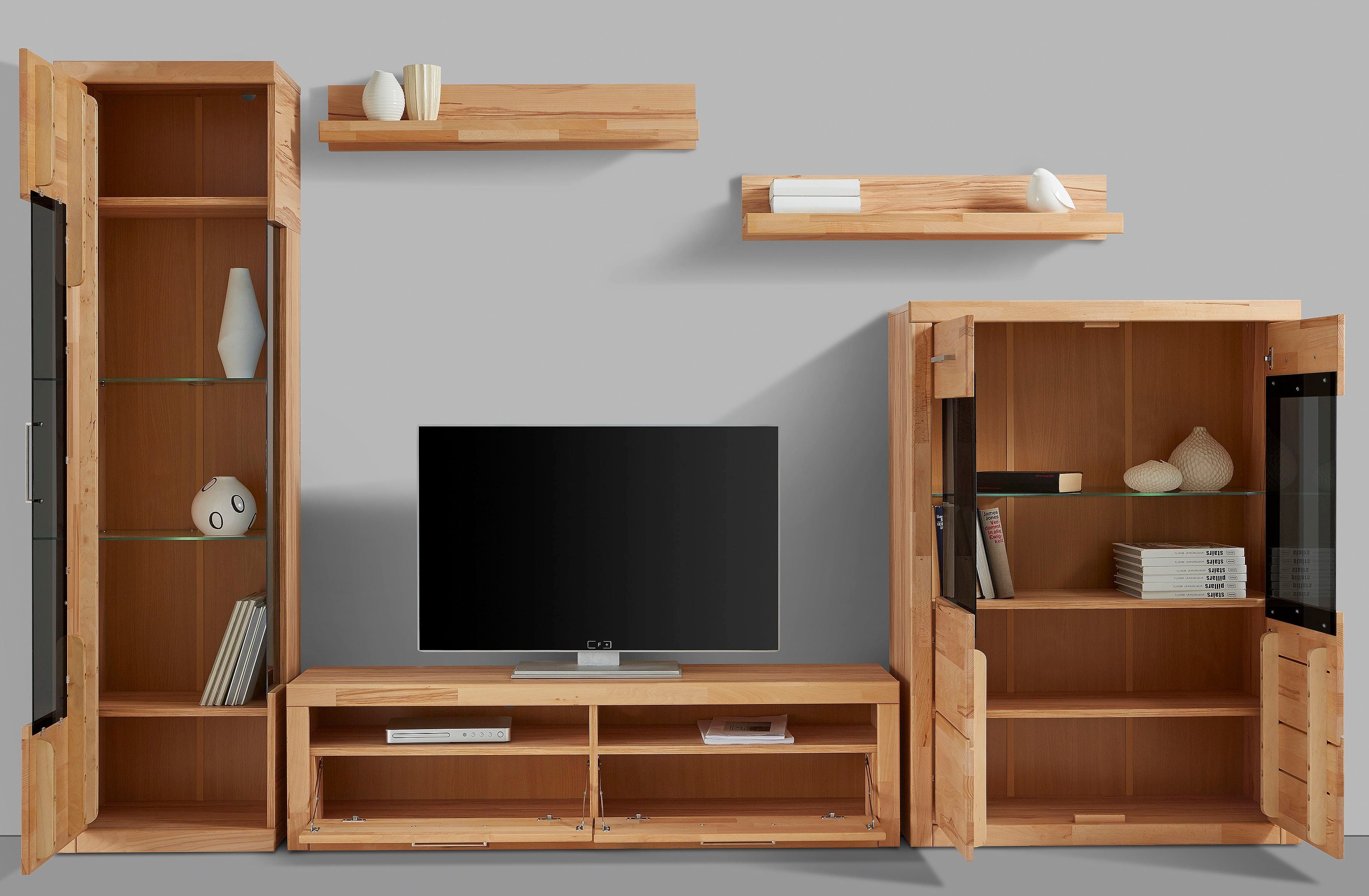 OTTO home Wohnwand Ribe Wohnwand Set-5 St., (Set, 5-St), Glaseinsatz aus gehärtetem Glas,Böden teilweise versetzbar