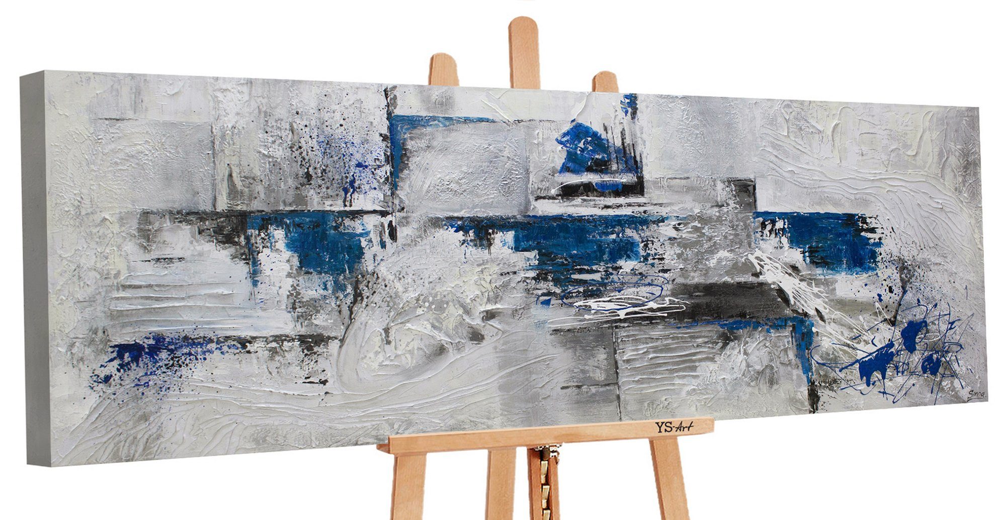 YS-Art Картина Abstraktion III, Abstrakt, Leinwand Bild Handgemalt Abstrakt Blau Grau Kästchen