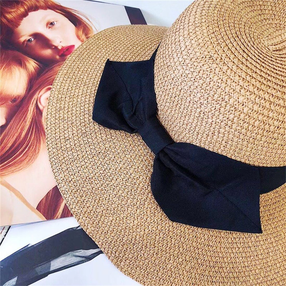 DÖRÖY Strohhut Frauen Sommer Sonnenschutz khaki Mode Hut, faltbar Strohhut Strand Bogen