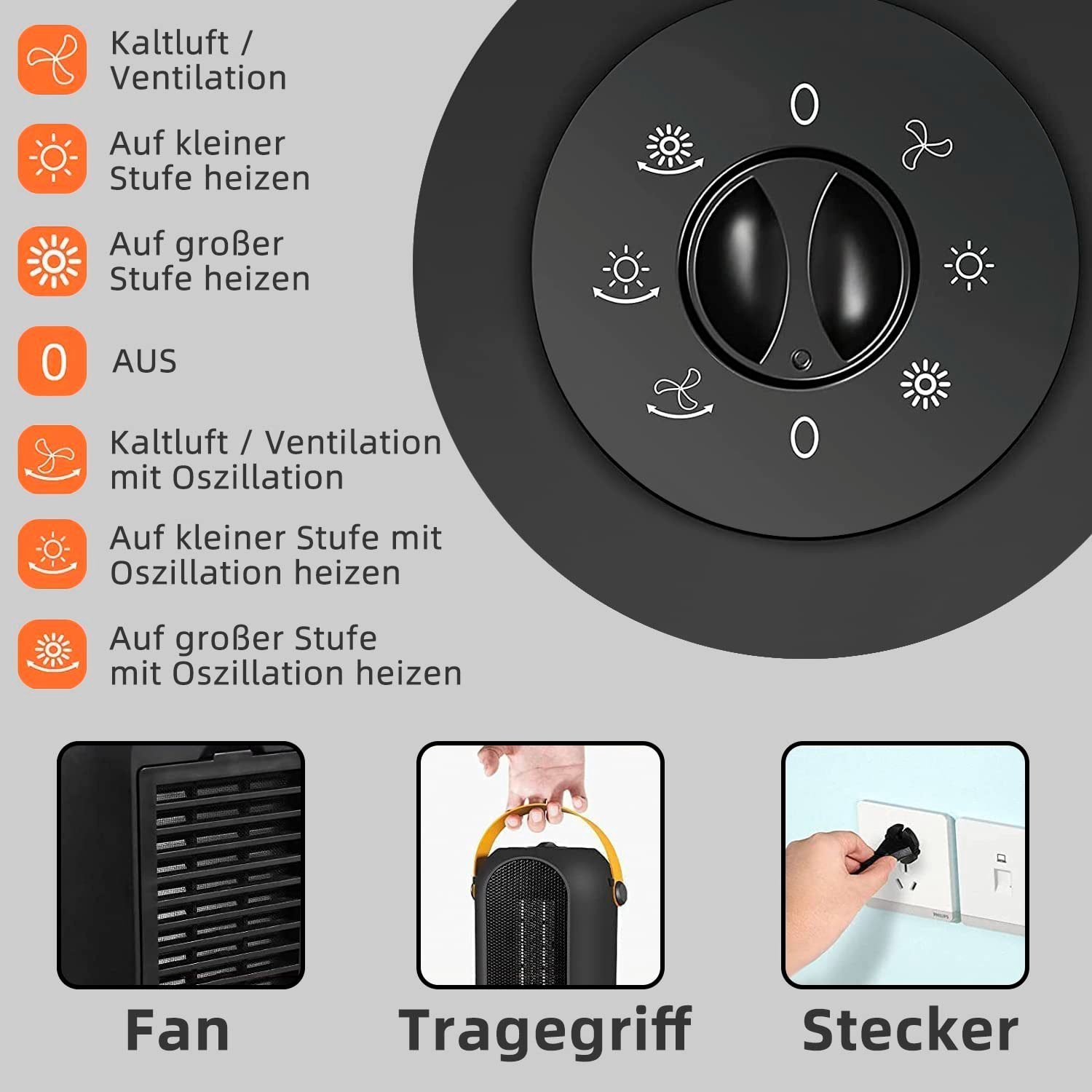 Räume Heizgerät elektro 70° Elektroheizer ZMH Oszillation Heizofen leise 70° Keramikheizlüfter 1200 Elektroheizung, Keramik W, Oszillation