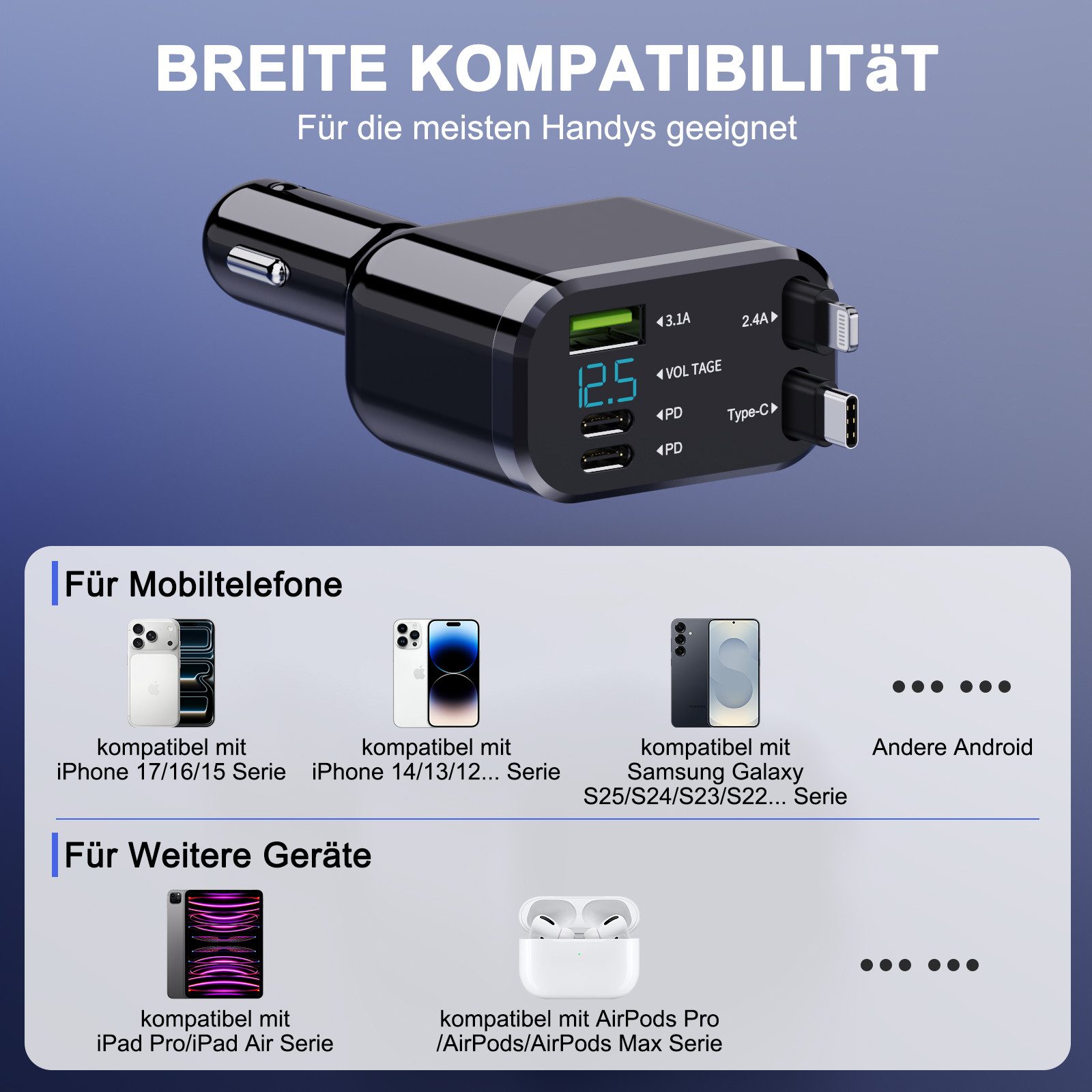 neue dawn Zigarettenanzünder USB C Auto Schnell Ladegerät für iPhone Samsung KFZ-Netzteil (für iPhone 17/16/15/14/13/12,Samsung S25/S24/S23/S22/S21,mit ladekabe – Bild 4 von 5