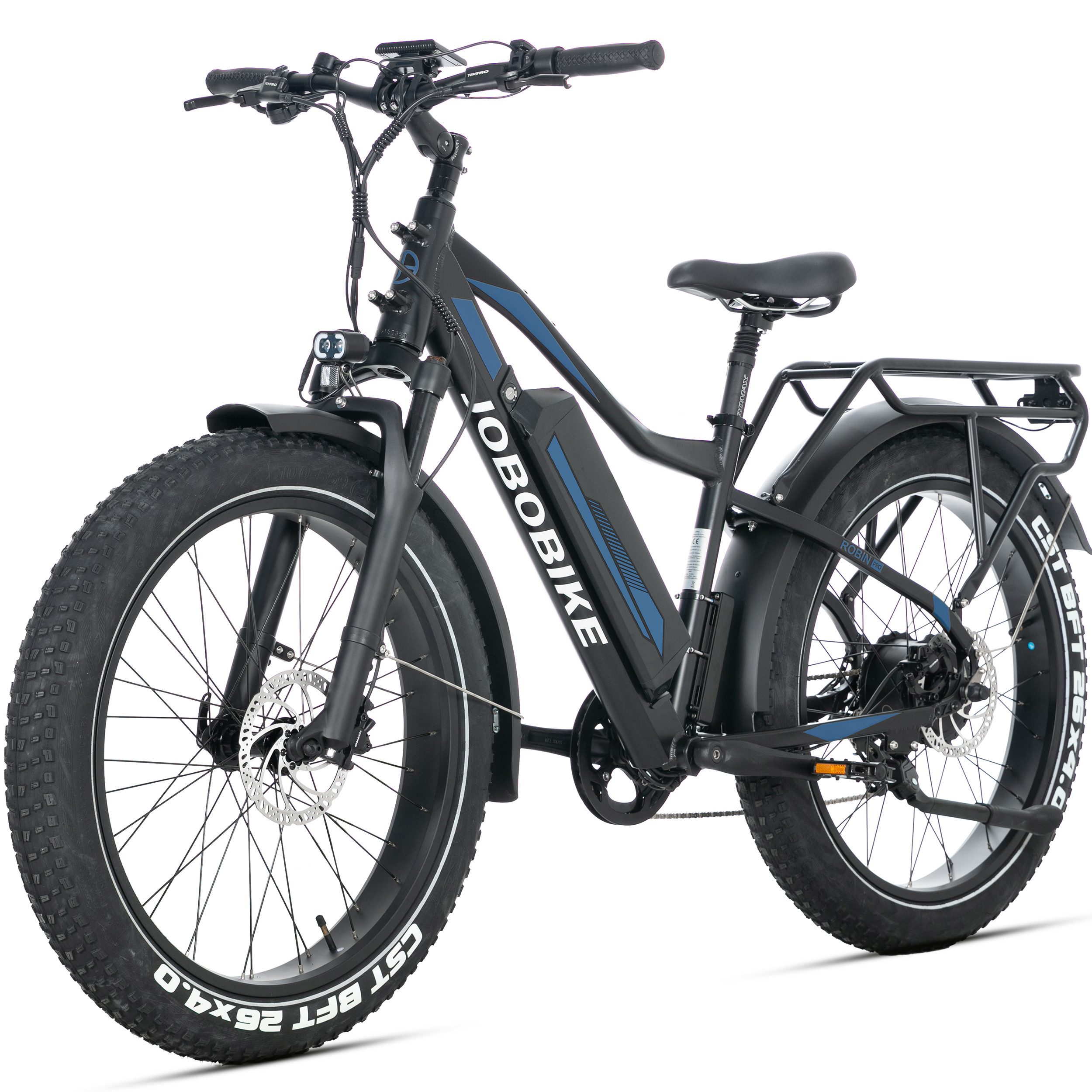 JOBOBIKE E-Bike Mountainbike 26x4 Zoll, Elektrofahrrad, max. 180km, Robin Pro, für Damen und Herren, 8 Gang Shimano, Kettenschaltung, Heckmotor, 960 Wh, Federgabel, Gefederte Sattelstütze, 5 Stufen, Bremslichtfunktion, MTB