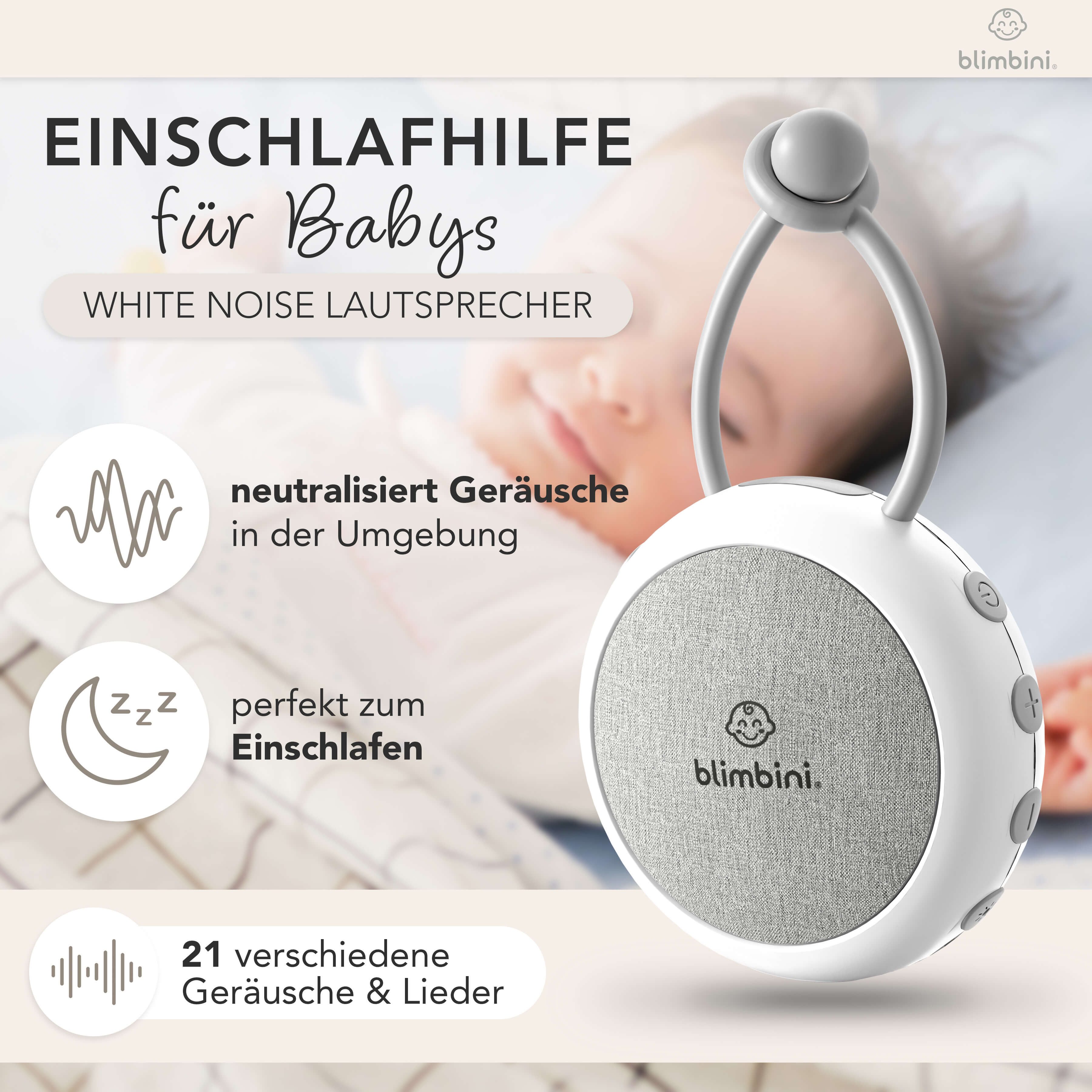blimbini® blimbini® Einschlafhilfe, White Noise Machine für Babys & Erwachsene Einschlaf- und Durchschlafhilfe (tragbar für unterwegs, Nachtlicht, Timerfunktion, Silikonschlaufe)