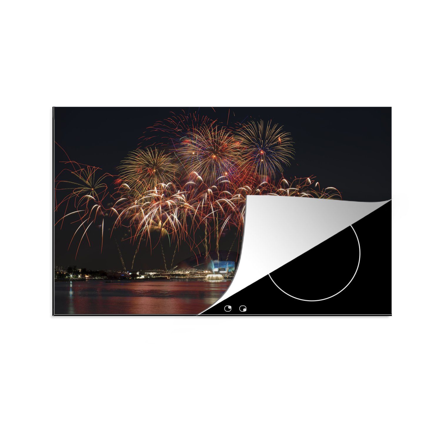 MuchoWow Herdblende-/Abdeckplatte Ein Bild vom Feuerwerk in Singapur während der Silvesternacht, Vinyl, (1 tlg), 81x52 cm, Induktionskochfeld Schutz für die küche, Ceranfeldabdeckung