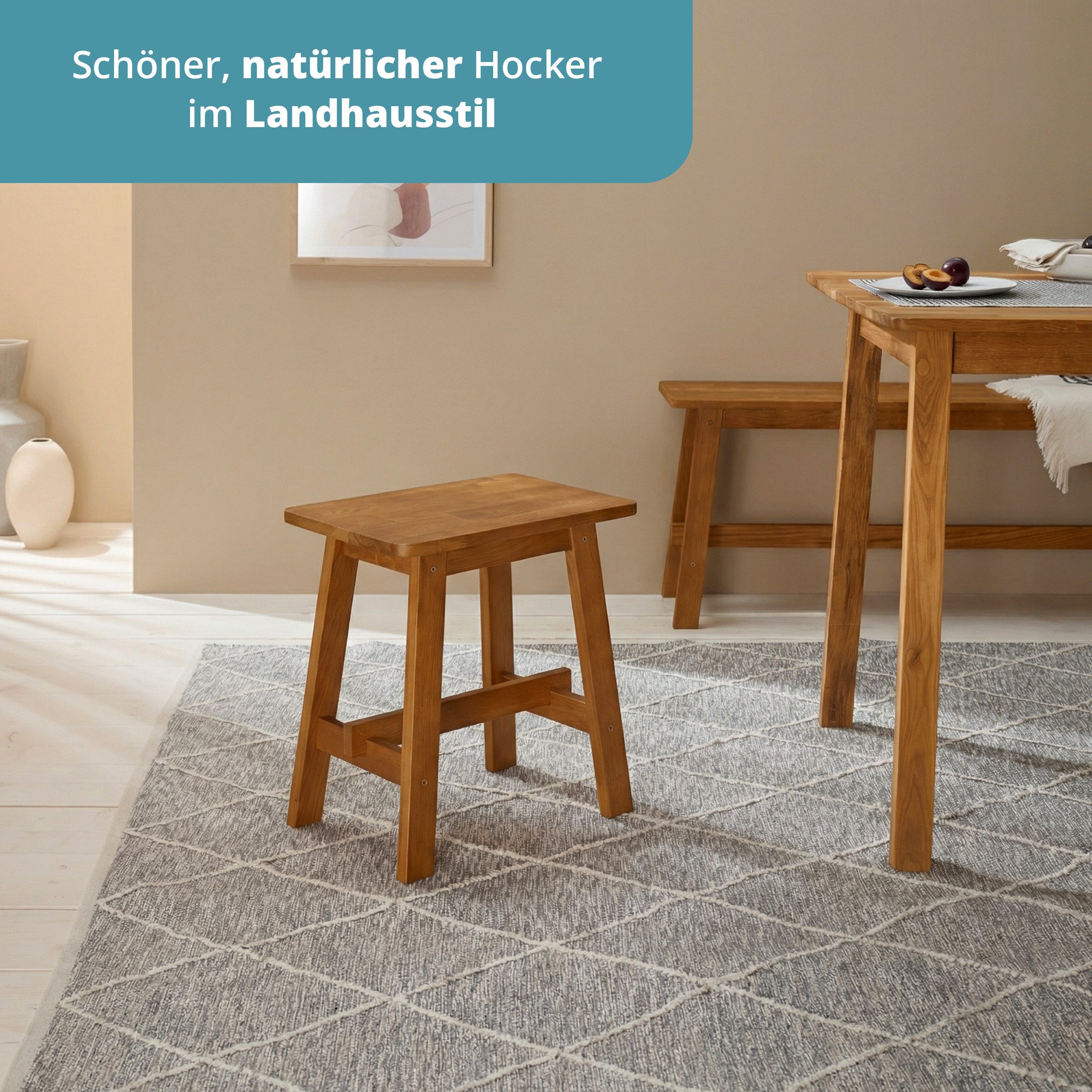 KHG Hocker Dekohocker für eine Person, Skandi Look, bis 200 kg belastbar, geölt, atmungsaktiv, Massivholzgestell