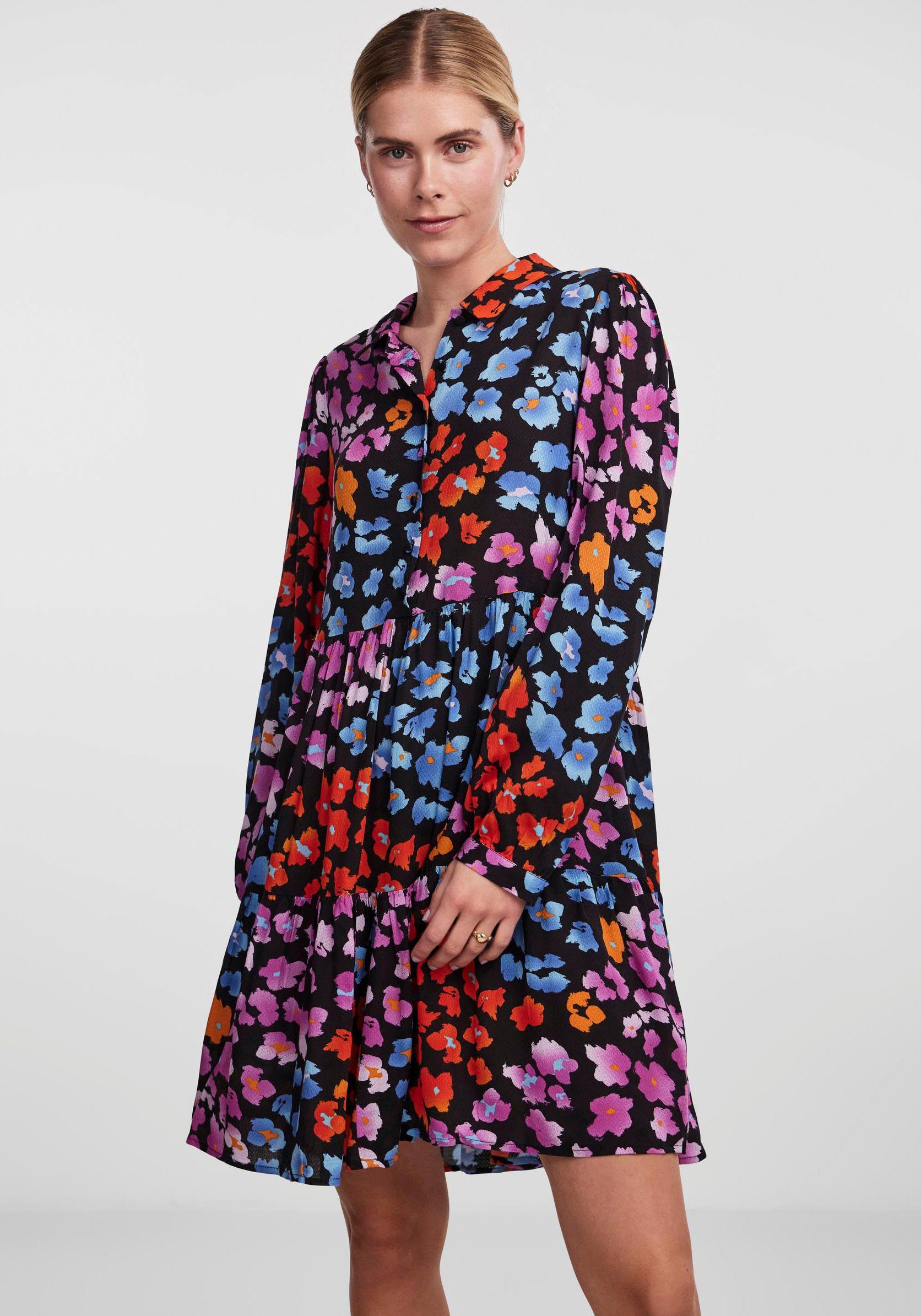 Y.A.S Hemdblusenkleid YASALIRA LS SHIRT DRESS S. NOOS mit Volant Black AOP:LIRO PRINT