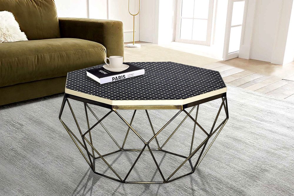 riess-ambiente Couchtisch DIAMOND 70cm schwarz/weiß - Achteckig, Mosaik, Messing, Kunsthandwerk (Einzelartikel, 1-St), moderner Beistelltisch - ideal für Arbeits-, Gäste- & Wohnzimmer