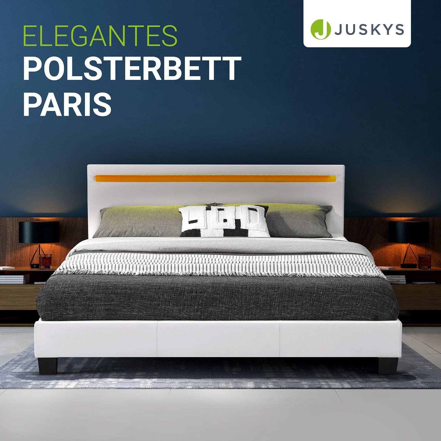 Juskys Polsterbett Paris, 140x200 cm, RGB-LED, Kunstleder, weiches Kopfteil, inkl. Matratze