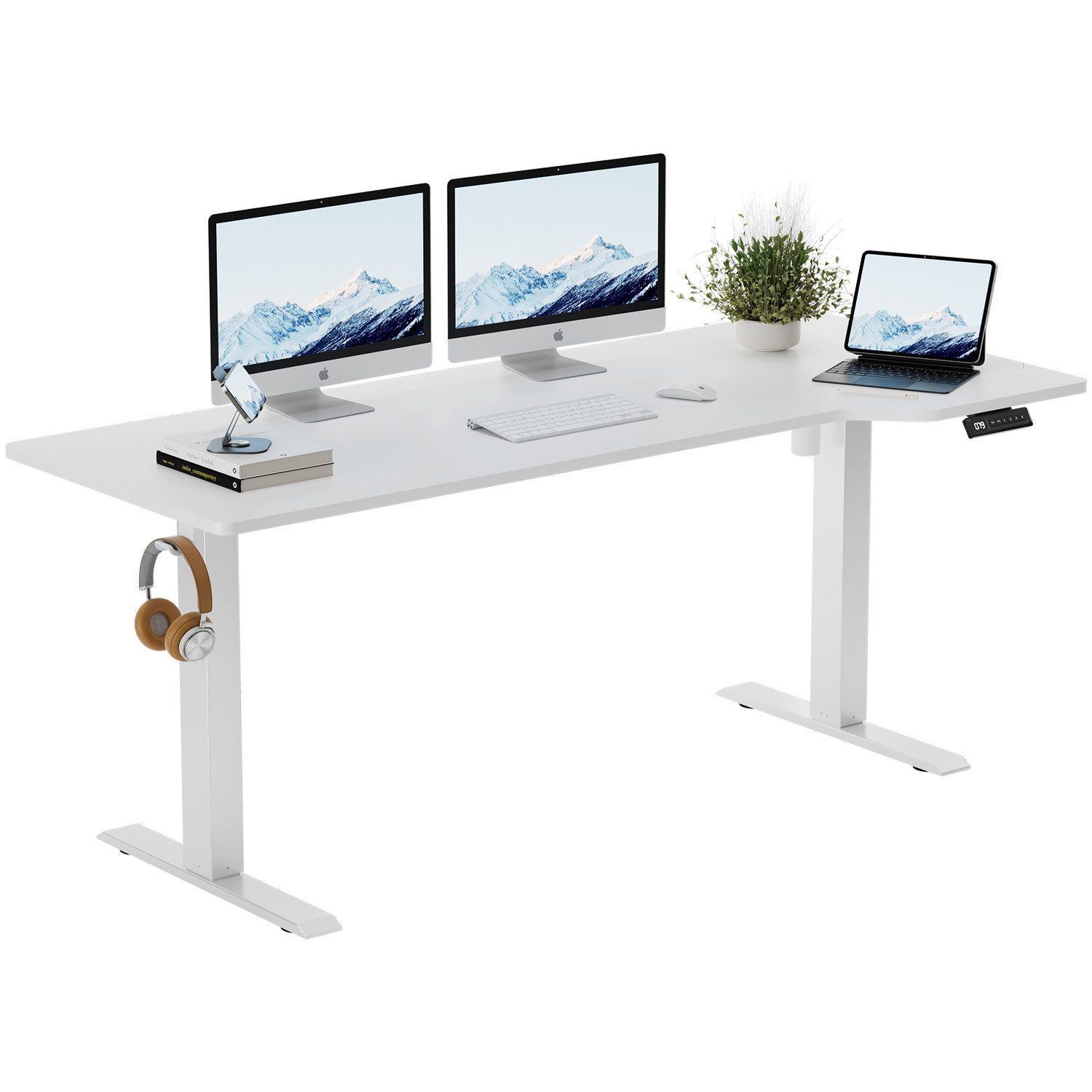 HOMALL Schreibtisch höhenverstellbaren Schreibtisch elektrischen 160/180*75cm weiß (4-stufige Höheneinstellung, mit 1 Haken und 1 Kabelführungsbox Bestehend aus 4 Platten)