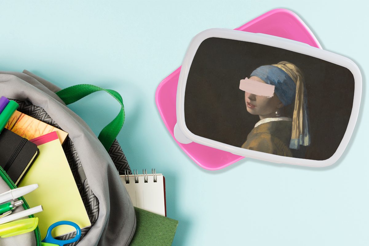 rosa Lunchbox (2-tlg), mit Mädchen, Erwachsene, Perlenohrring Kunststoff MuchoWow Snackbox, für Vermeer - Gemälde, Brotbox Brotdose Kinder, Mädchen - Kunststoff,