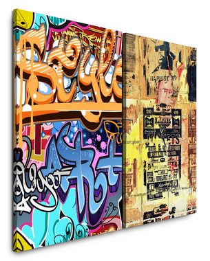 Sinus Art Leinwandbild 2 Bilder je 60x90cm Streetart Graffiti Tags Grungy Wall Alte Plakate