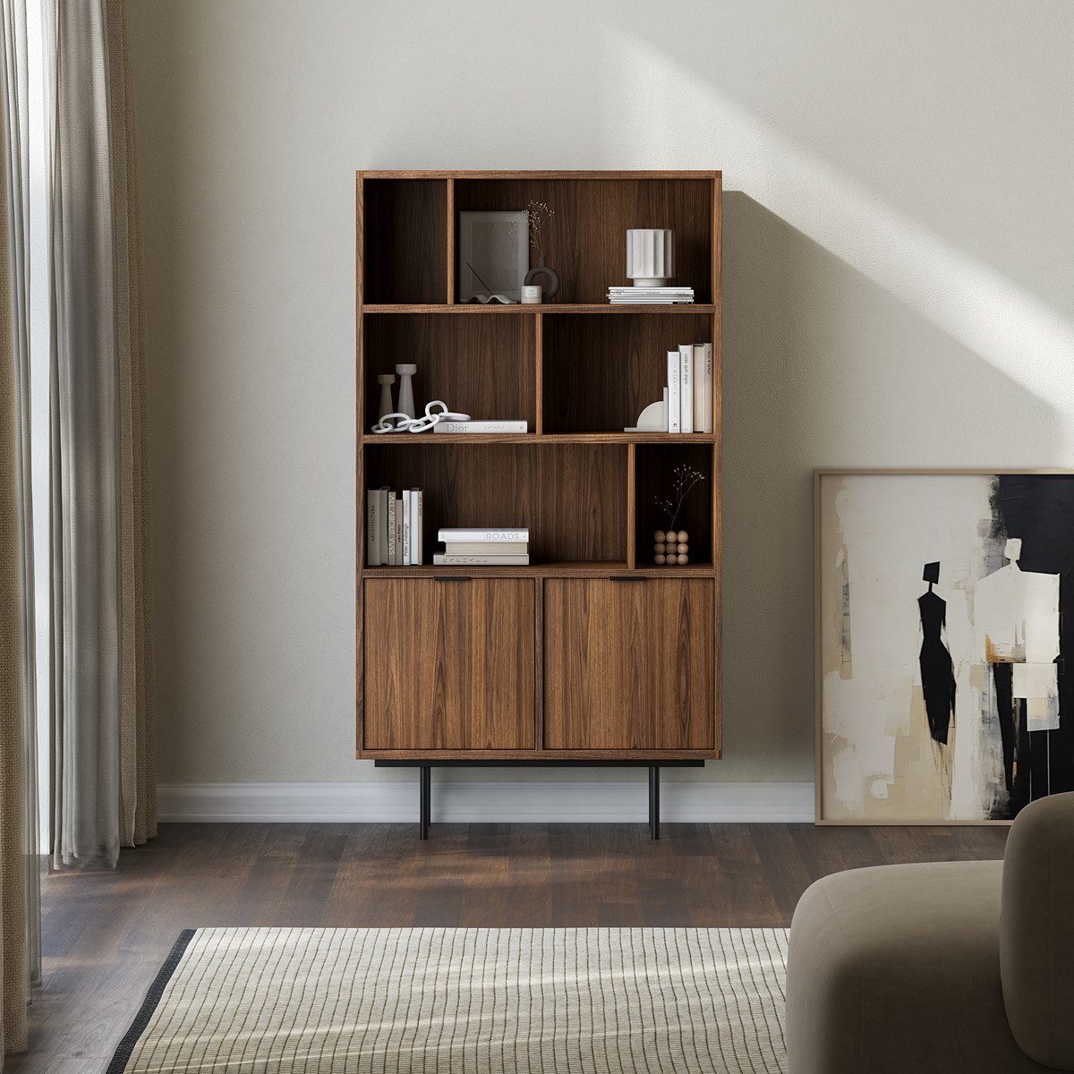 Compleo Bücherregal japandi mit zwei Türen, Schwarz Metallfüße COLGO günstig online kaufen